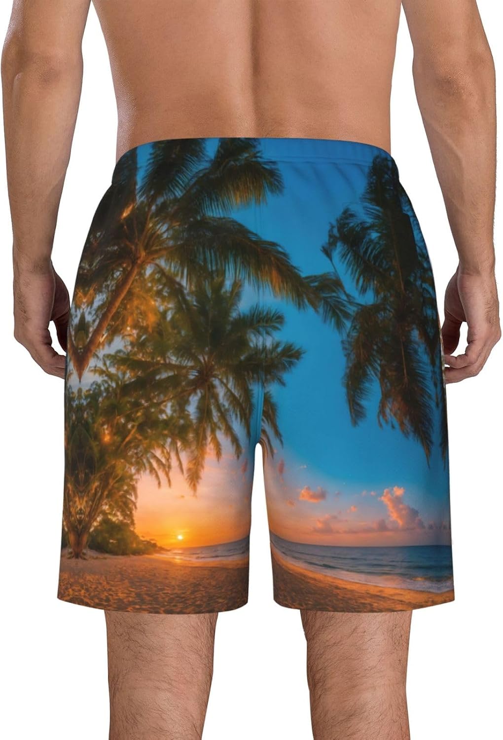 Sunset Hawaiian Palm Tree Print Men's Swim Trunks Quick Dry Beach Shorts with Pockets Lining Swimwear Bathing Shorts