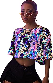 Floerns Women's Casual Reflective Short Sleeve Round Neck Crop Tops T Shirts