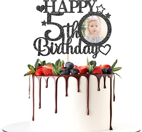 Amazon Halodete グリッター Happy 5th Birthdayケーキトッパー フォトフレーム付き 5歳 子供 5歳の誕生日パーティー ケーキデコレーション ブラック おもちゃ おもちゃ