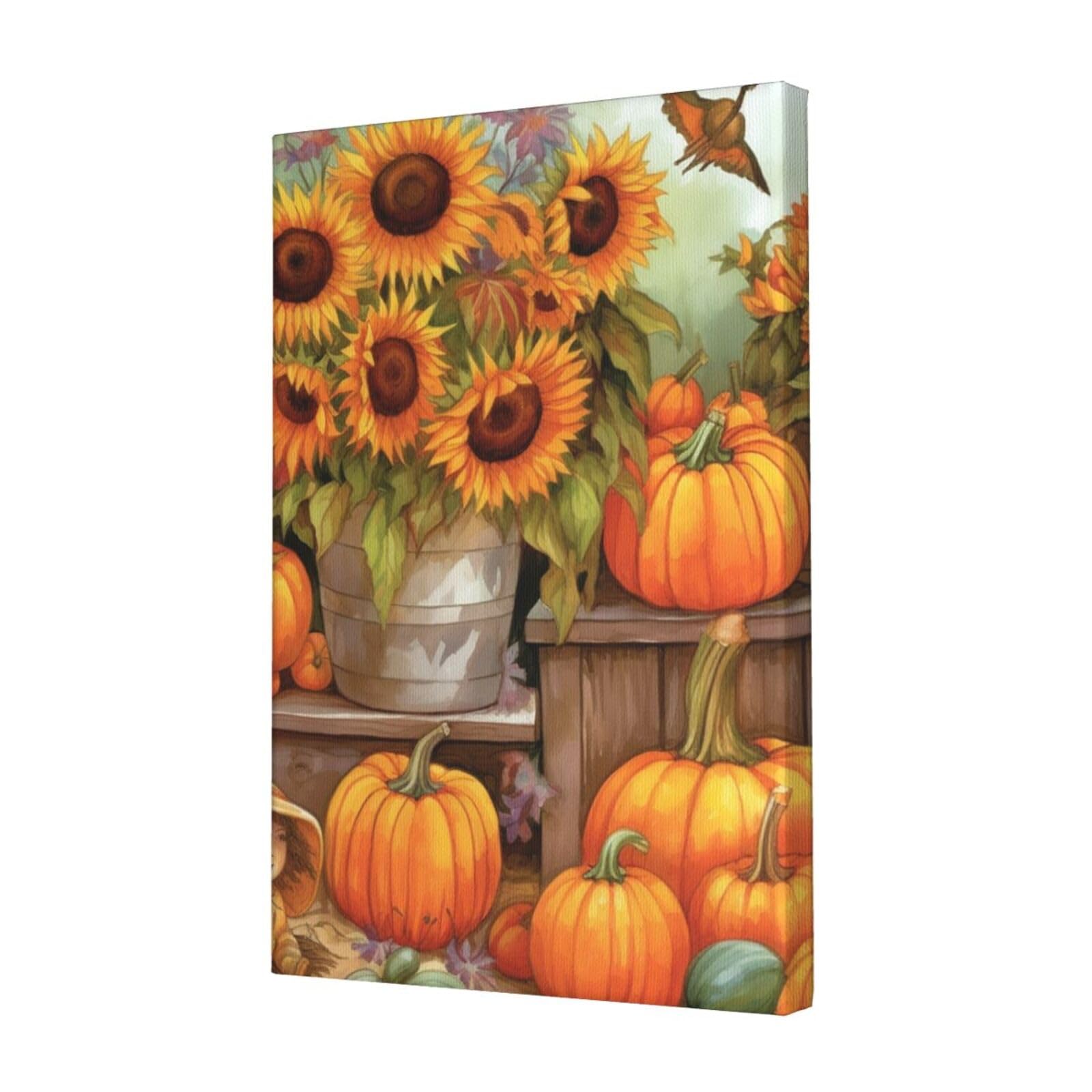 Autumn Sunflowers Pumpkins Canvas Wall Art for Living Room Wall Decor 12"x18" Modern Artwork Painting Pictures Hanging Canvas Prints Aesthetic Wall Art for Bedroom Bathroom Office Wallart Decor