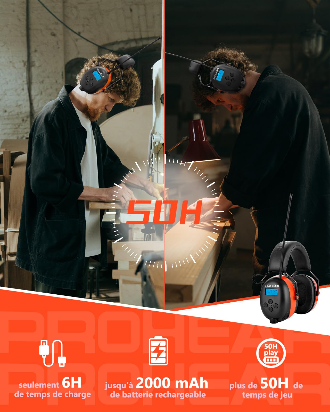 PROHEAR 033A Casque Anti Bruit Radio, DAB+/FM Radio et Bluetooth sans fil, Protection Auditive Electronique Rechargeable, SNR 31dB/NRR 25dB, Pdéal Pour Chantier, Atelier, Jardin et Tonte, Orange