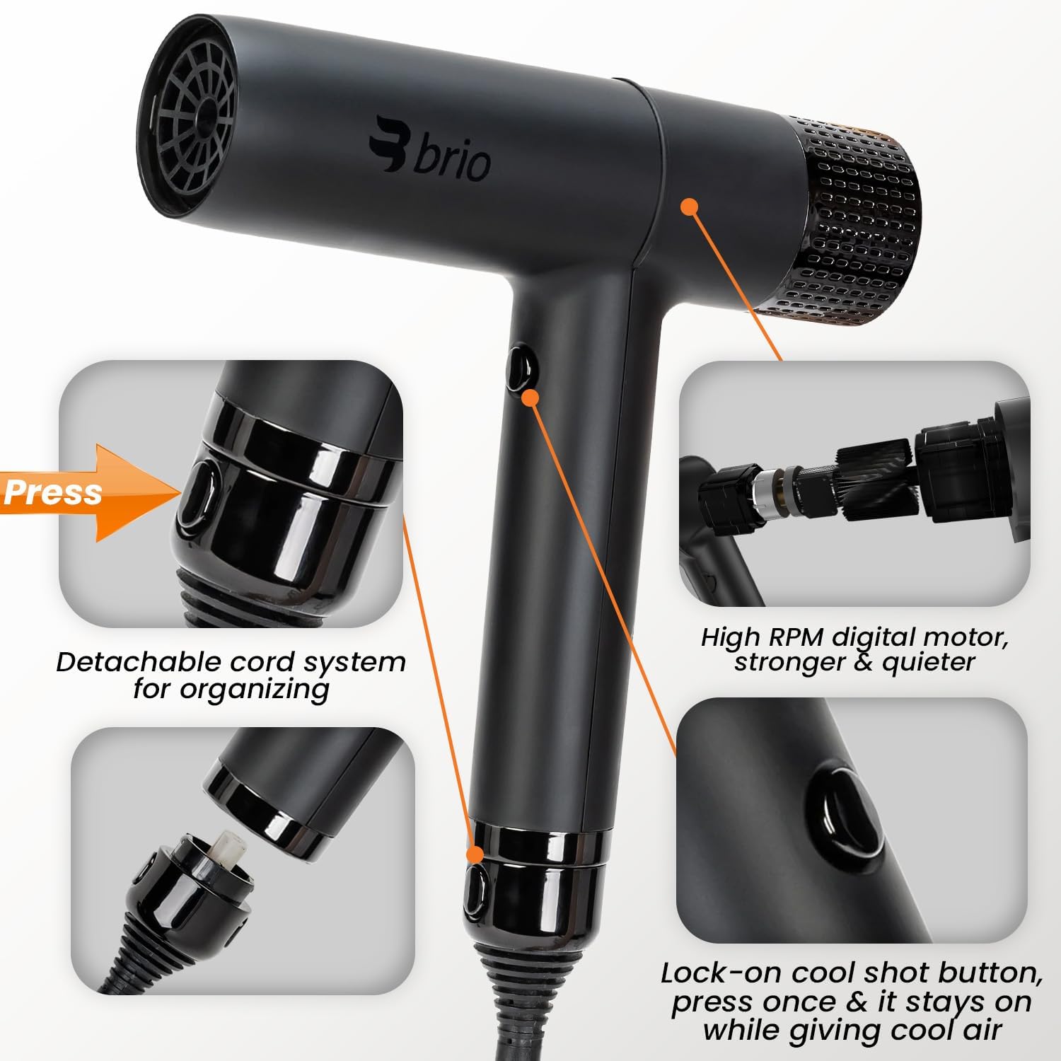 Close-up of Brio Vento Hair Dryer showing detachable cord, digital brushless motor, and lock-on cool shot button