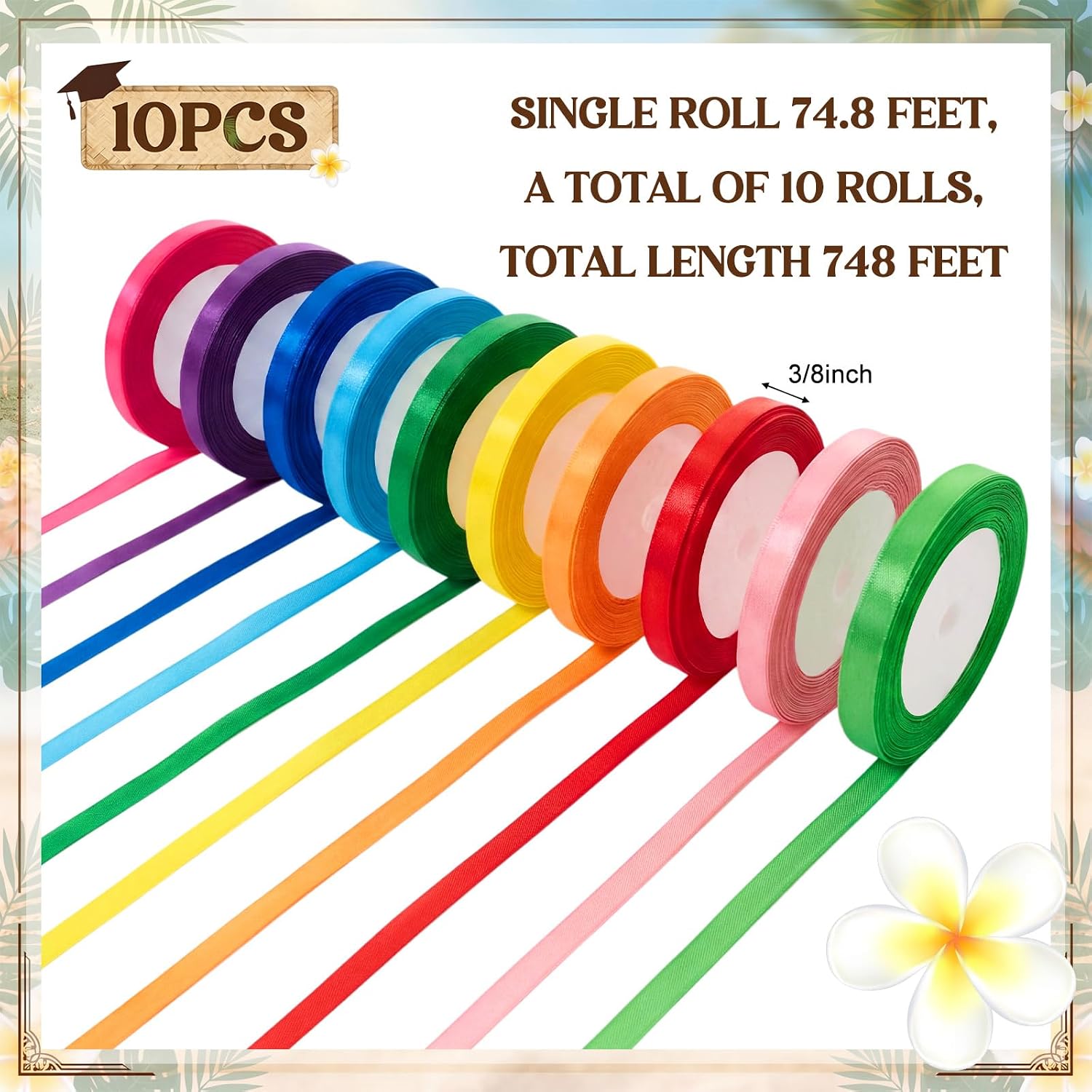 Suncalla 130 Pcs DIY Hawaiian Lei Making Kit Ribbon Mexican Braided Lei Craft Making Kit, 10 Rolls 74.8 Feet Ribbons and 120 Plumeria Flower for Congrats Party Gift Crafts