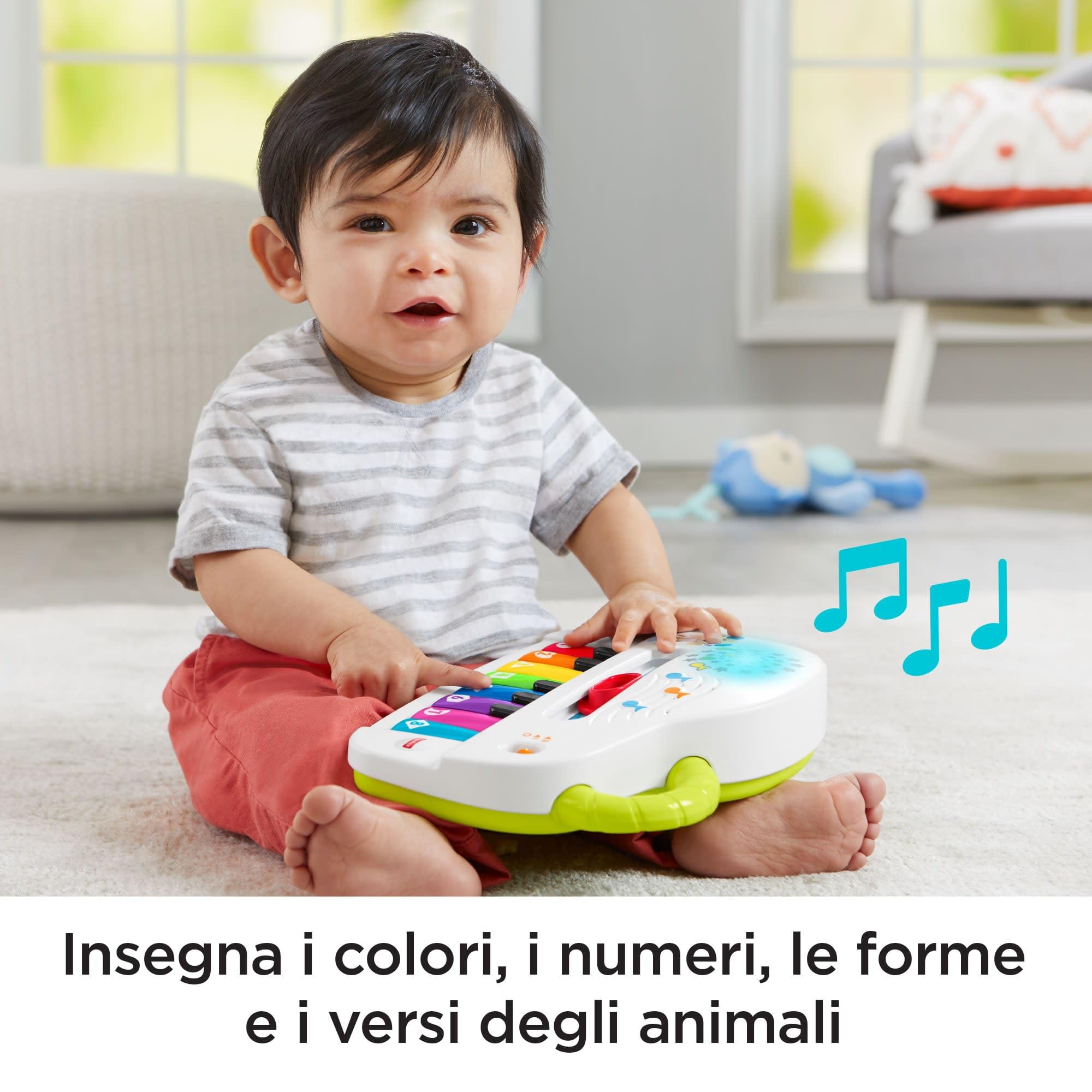 Fisher-Price - Pianoforte di Cagnolino Ridi & Impara, Pianoforte Giocattolo Portatile con Luci, Musica, Versi degli Animali,Educativi, 6+ Mesi, Edizione Inglese+Italiano+Portoghese+Spagnolo, HHX13