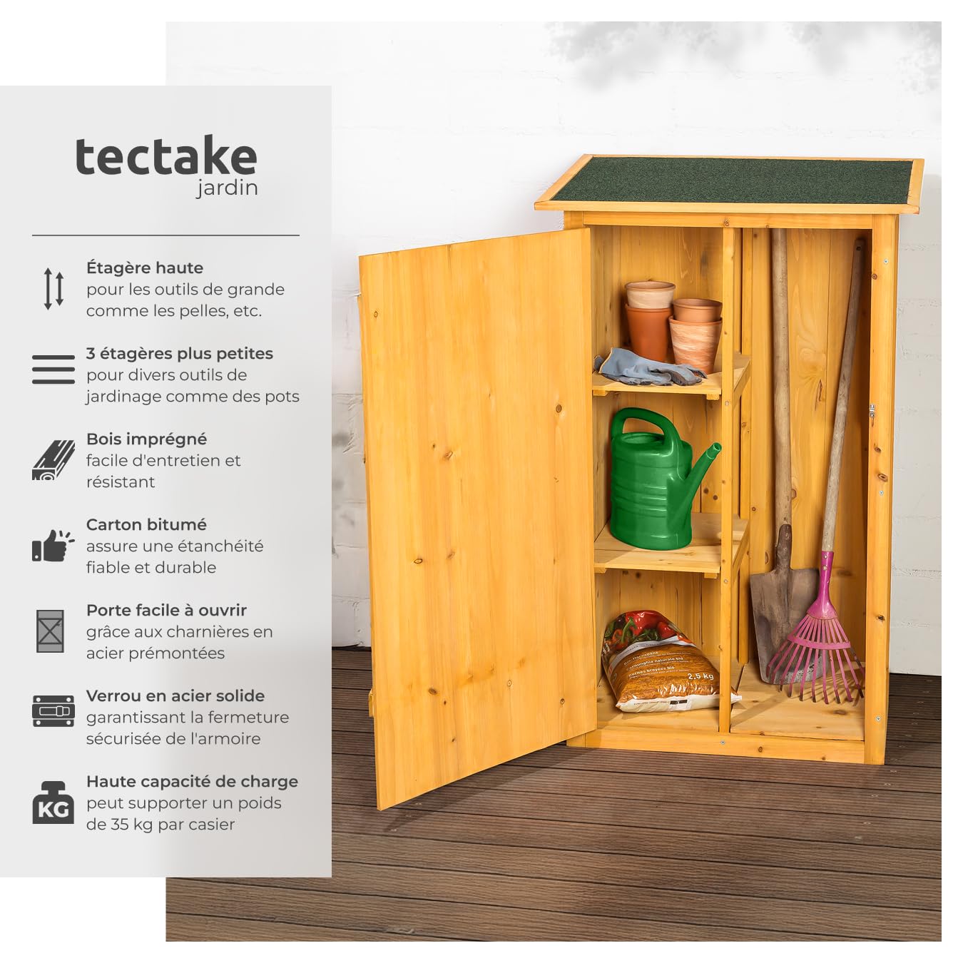 tectake® Abri de Jardin Bois Cabane de Jardin à Outils Toit Plat, Rangement et Stockage extérieurs pour Outils de Jardinage Armoire extérieure Abri de Stockage Remise Outil 75 x 56 x 118 cm