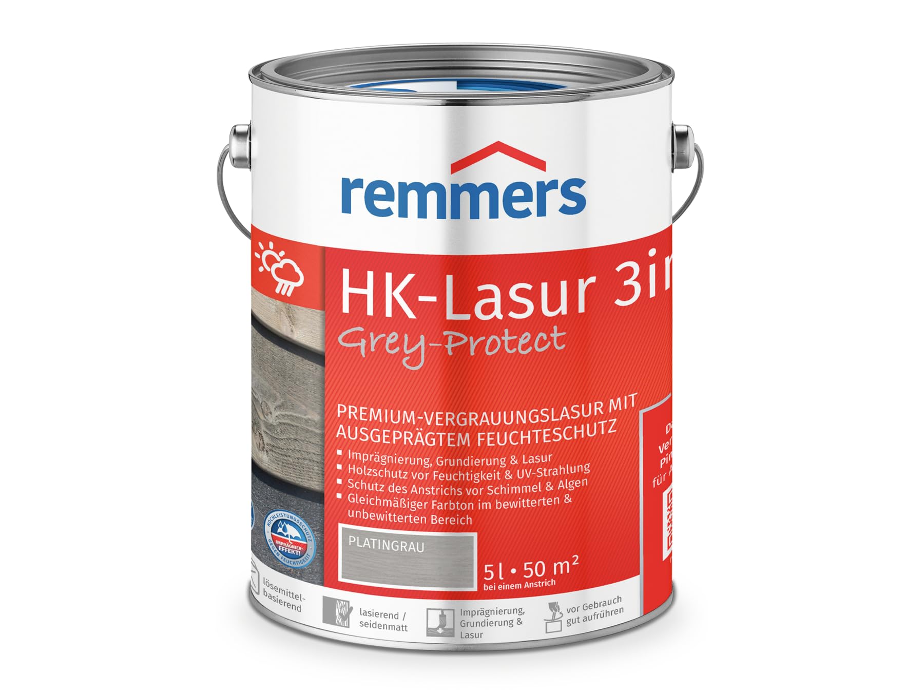 Remmers Lasure HK Grey-Protect Gris anthracite, 5 litres, Lasure bois Premium pour l'extérieur, effet grisaillement en 3 teintes de gris naturel, 3 protections du bois en 1.