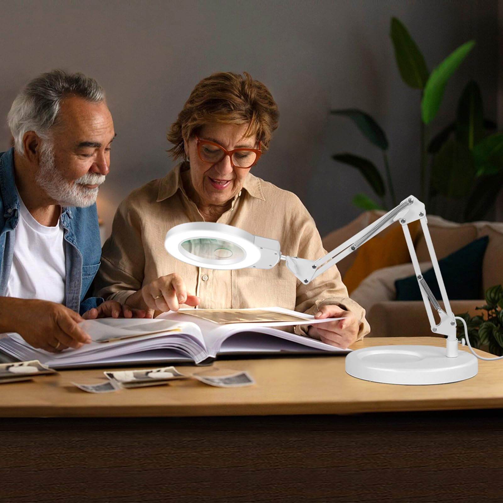 NOEVSBIG Lupa 2 en 1 con luz y soporte, lupa 10 x y 5 x, lámpara de escritorio con gran base y abrazadera, 3 modos de color, regulable, lámpara de lupa LED para hobby, lámpara con lupa con soporte