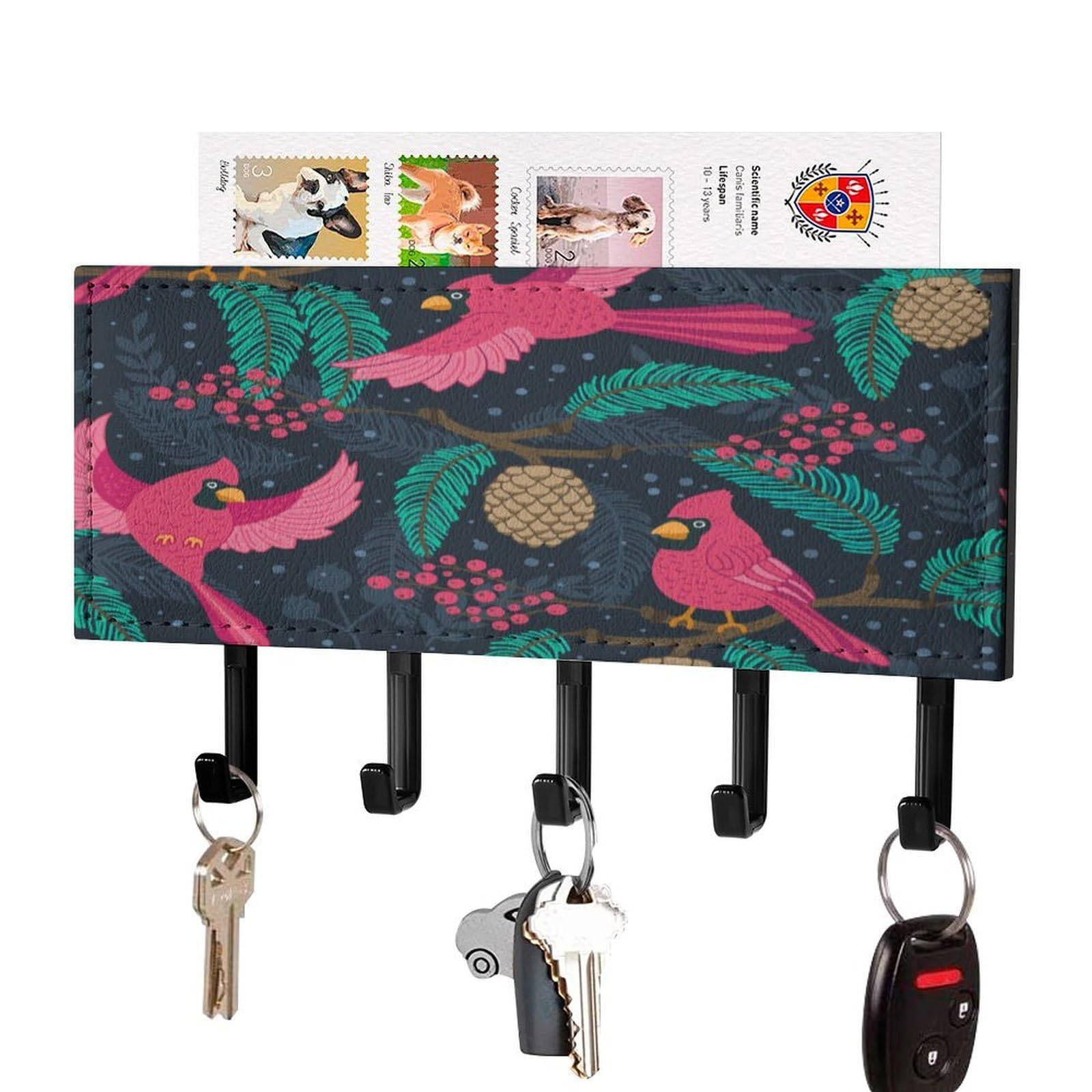 NCLQVJXZKHW Winter Pinecones and Birds Key Holder with 5 Hooks Key Hooks Wall Mounted Key Racks Key Hanger Organiser Shelf