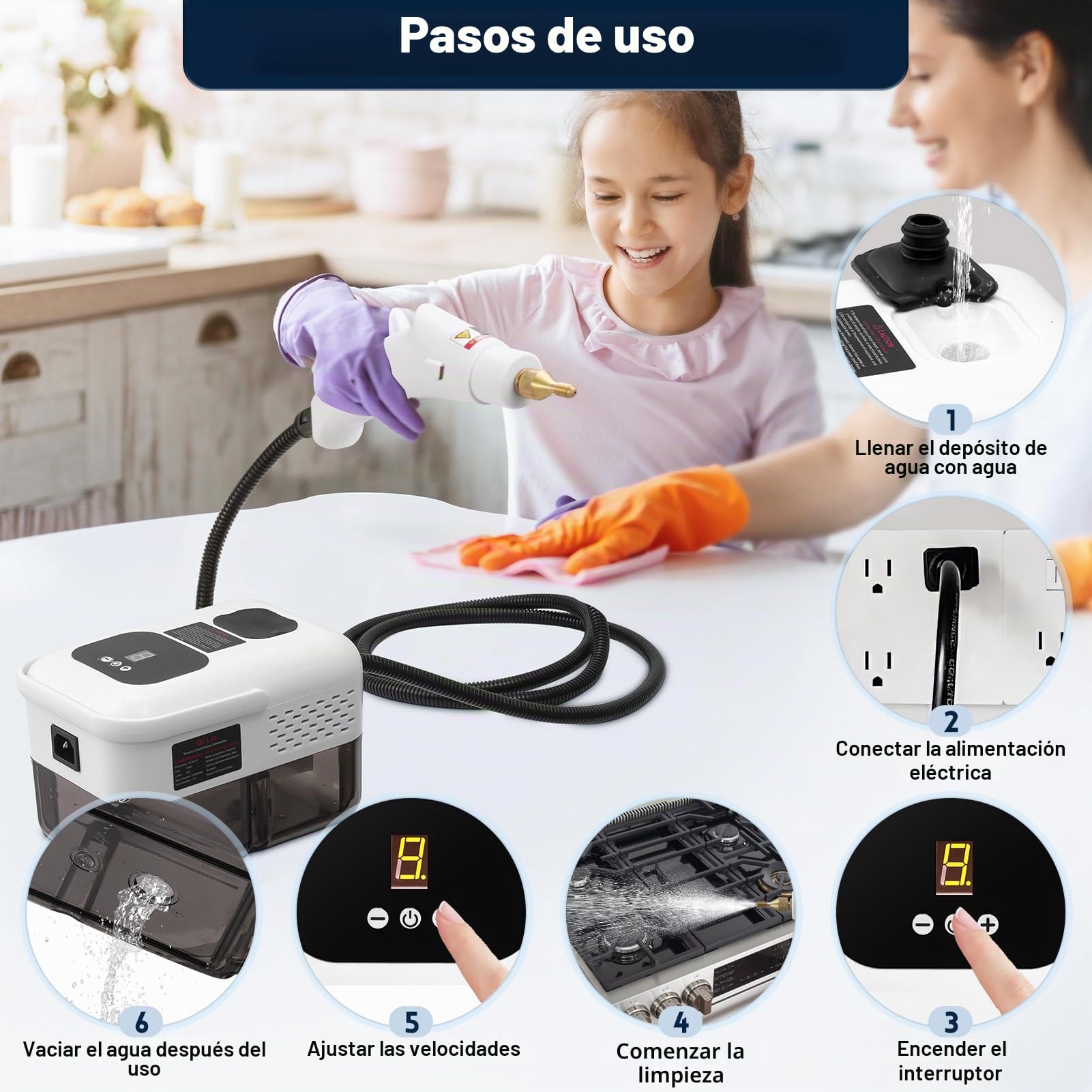 2500 W - Limpiador a vapor de mano, 3 bares de alta temperatura para una limpieza eficiente del hogar, 9 modos ajustables, capacidad de 1,2 L (blanco)
