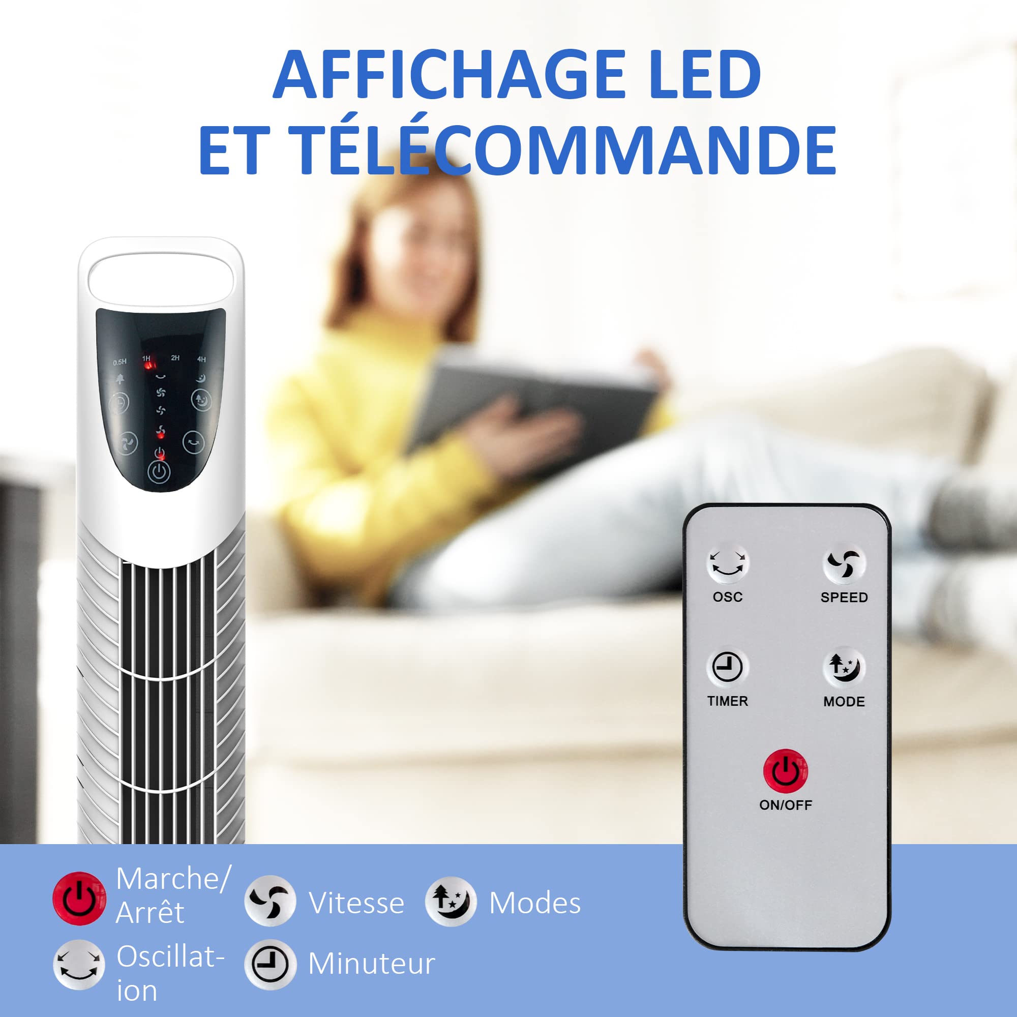 HOMCOM Ventilateur colonne silencieux 40 W, ventilateur tour pour chambre avec 3 modes 3 vitesses, télécommande, oscillant 70°, minuterie et contrôle tactile, 78,5H cm blanc