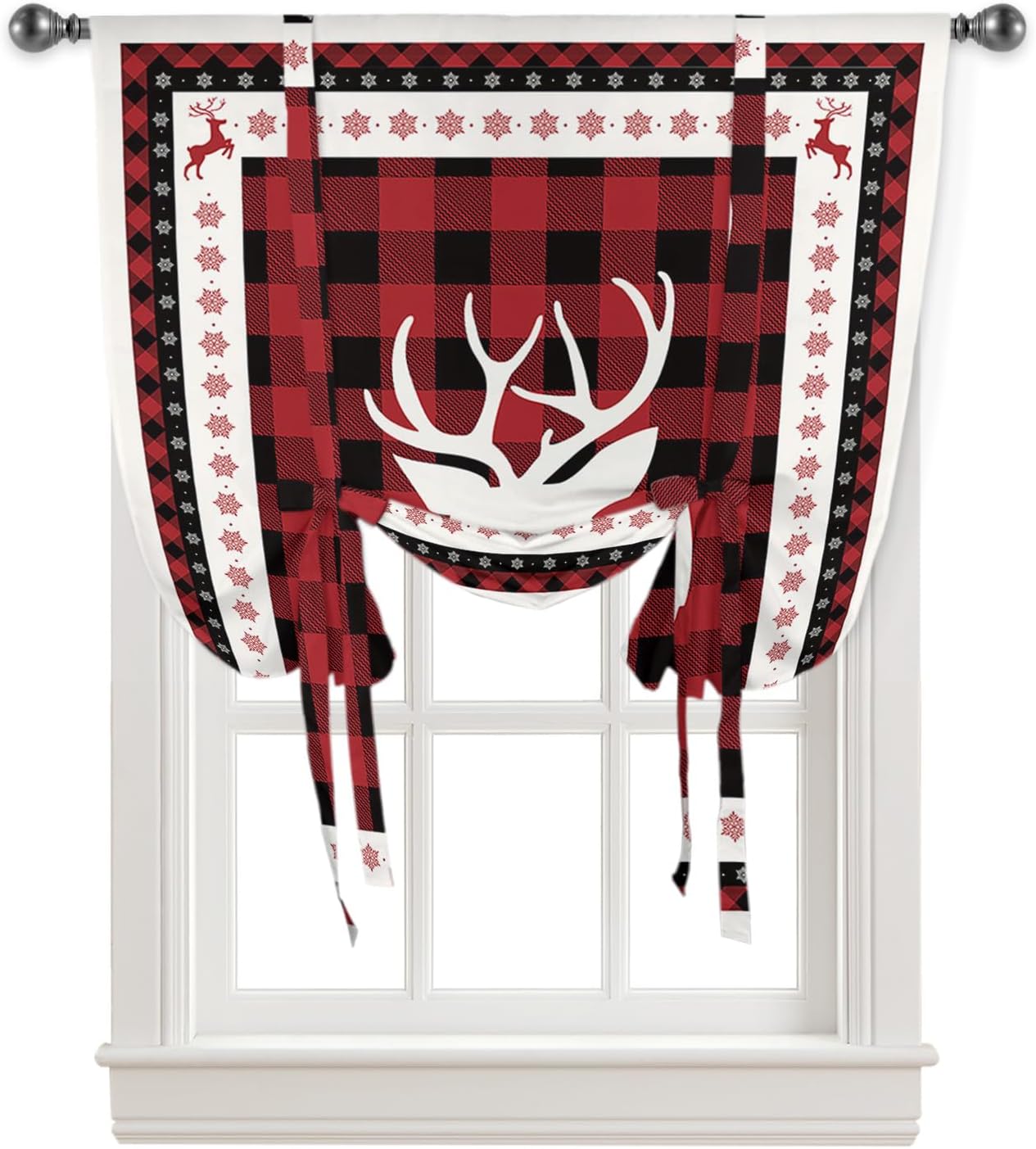 YOKOU Bow Look Tie Up Balloon Curtain, Christmas Elk Red and Black Buffalo Checkered Snowflake Frame Adjustable Rod Pocket Window Shades Drape for Living Room, Bedroom，Kitchen 1 pcs 46 x63 inch