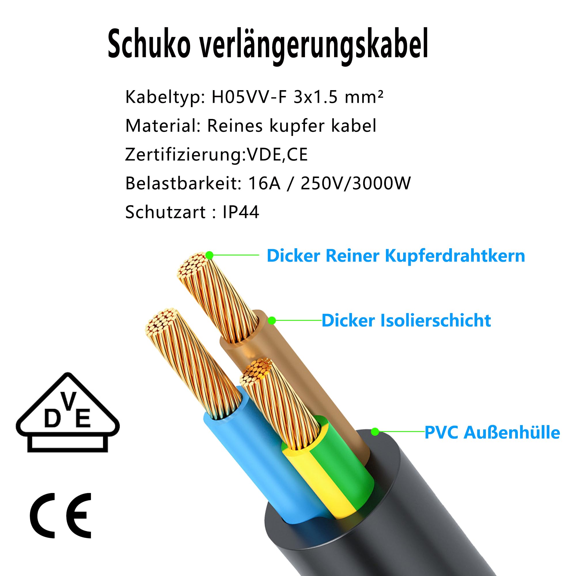 3-in-1 korte Schuko verlengkabel, korte Schuko dubbele stekker kabel, Y 3-in-1 korte Schuko verlengkabel, korte Schuko dubbele stekker kabel, Y