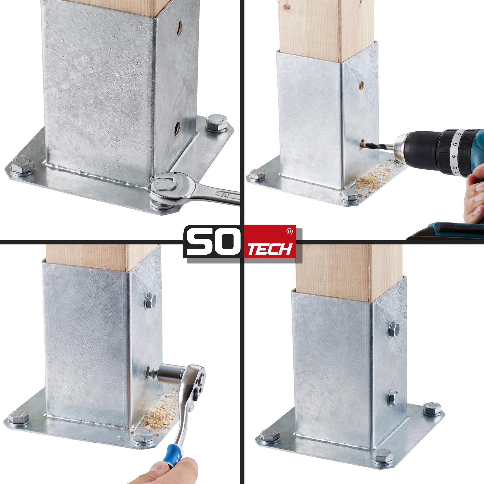 SOTECH SET de 2 ancres à visser carrées 90 x 90 mm, 152 mm de hauteur, acier galvanisé à chaud, douille pour bois carré - optimal pour l'extérieur