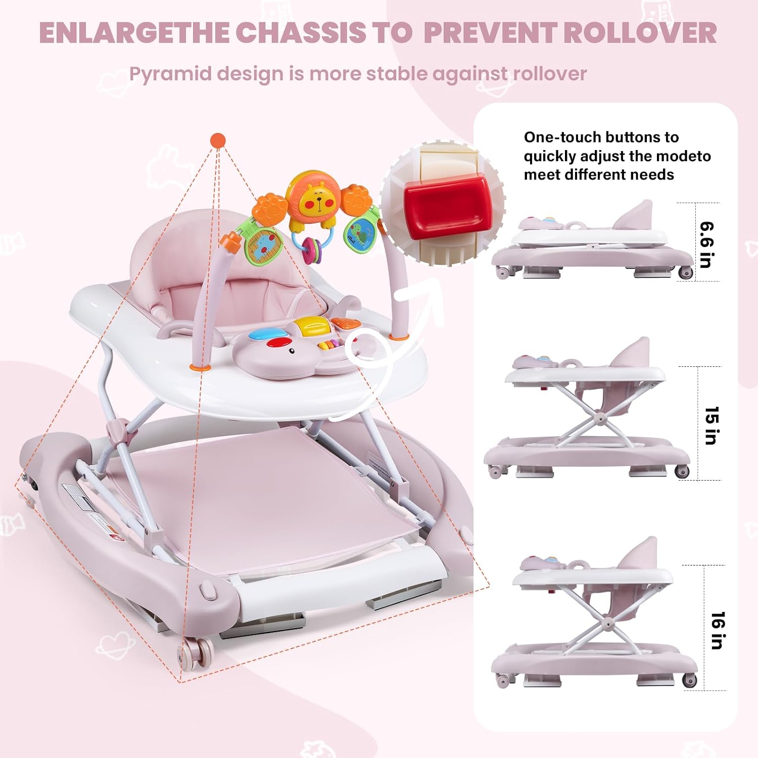 Boyro Baby Baby Walker, 5-in-1 Baby Walkers for Boys and Girls 6-12 Months with Bouncer, Removable Footrest, Feeding Tray & Music, Foldable & Adjustable Activity Walker for 6-18 Months Toddler Infant