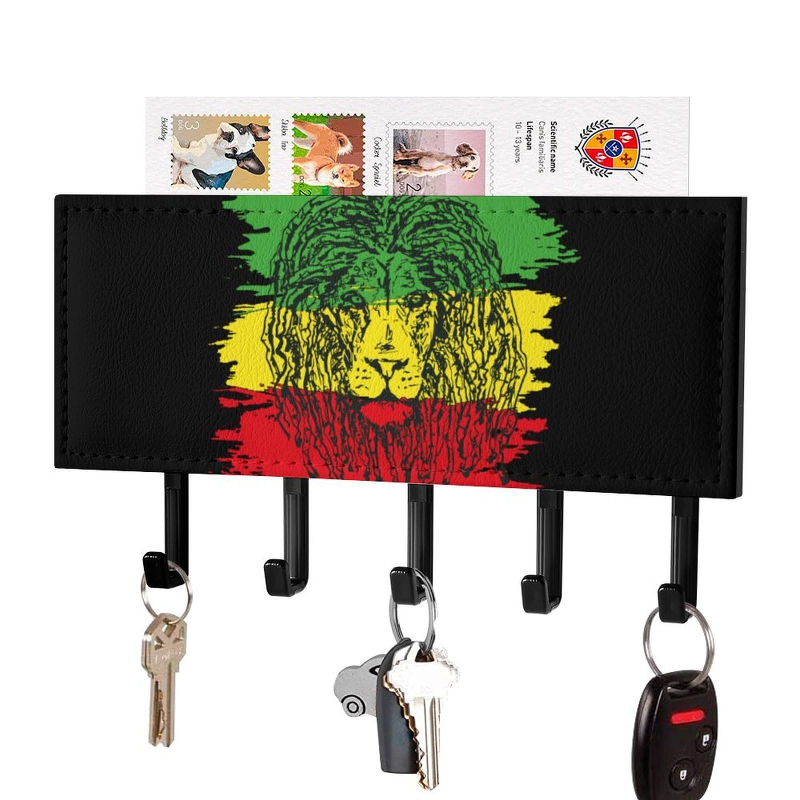NCLQVJXZKHW Reggae-Rastafarian Flag Lion Key Holder with 5 Hooks Key Hooks Wall Mounted Key Racks Key Hanger Organiser Shelf