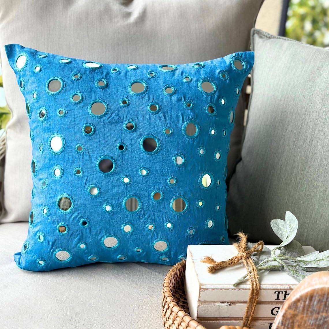 The HomeCentric Euro Sham Pillow, Aqua Blue Euro Size Pillow Shams 26x26 inch (65x65 cm) Silk Euro Sham Covers, Circles & Dots, Polka Dots, Mirror Embroidery, Contemporary Euro Shams - Blue Mirror