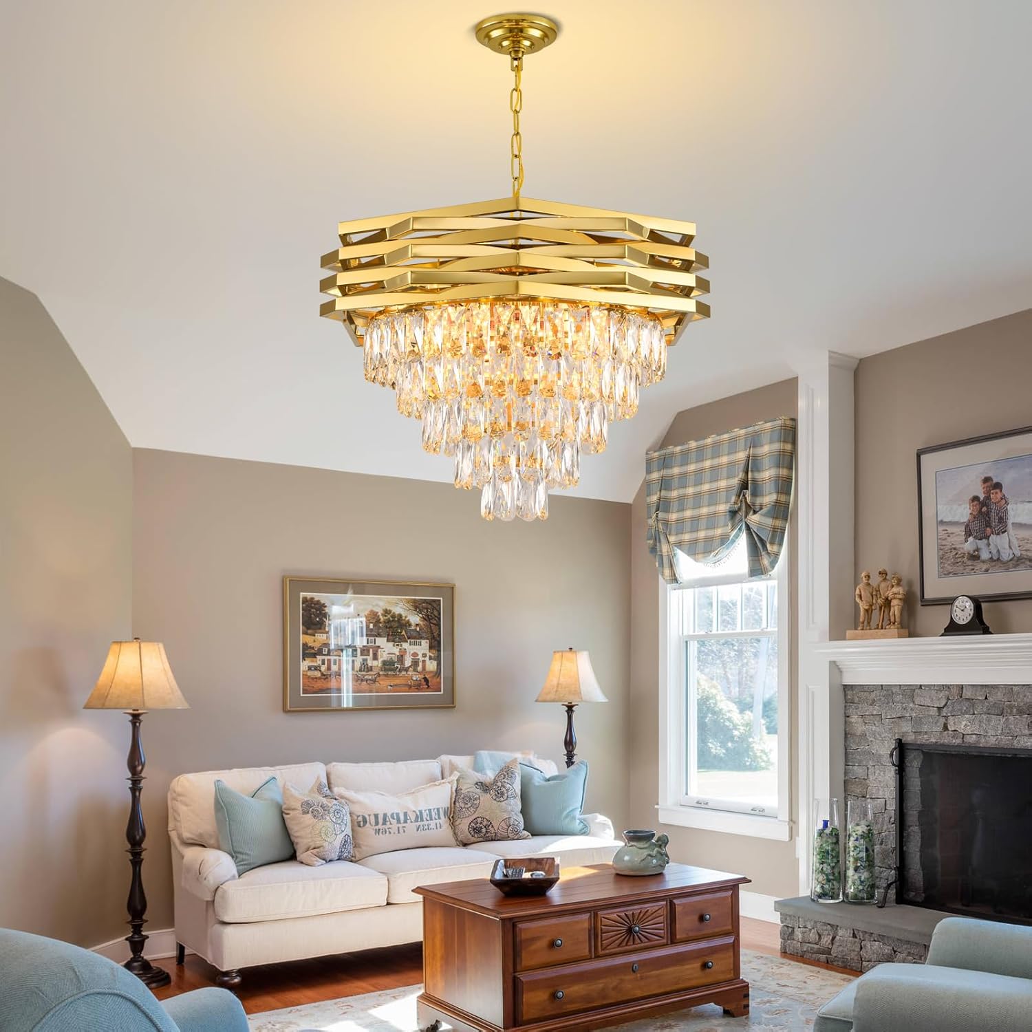 Gold Crystal Chandelier 24'' Round Modern Crystal Chandeliers for Dining Room Living Room Entryway Kitchen Island Staircase Bedroom Foyer Large Ceiling Pendant Light Fixtures 5-Tiers K9 12 Lights