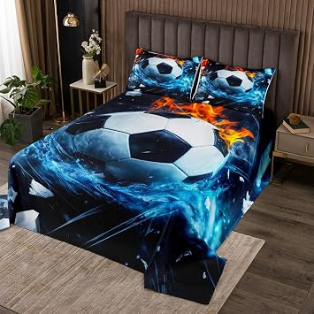 Castle Fairy Blue Football Flame Bedspreads King Size,Cool Soccer Comforter Set 3Pcs for Kids Woman Adults Room Decor,Sports Themed Bedding Sets Sports Balls Quilt Coverlets,2 Pillowcases