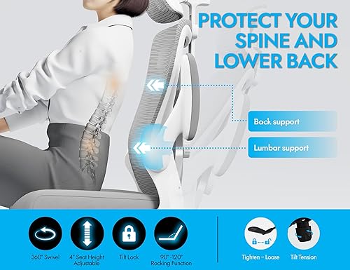 Miniatura 6 de Silla de oficina ergonómica, sillas de escritorio para computadora cómodas, silla de juegos de respaldo alto de malla con soporte lumbar ajustable,