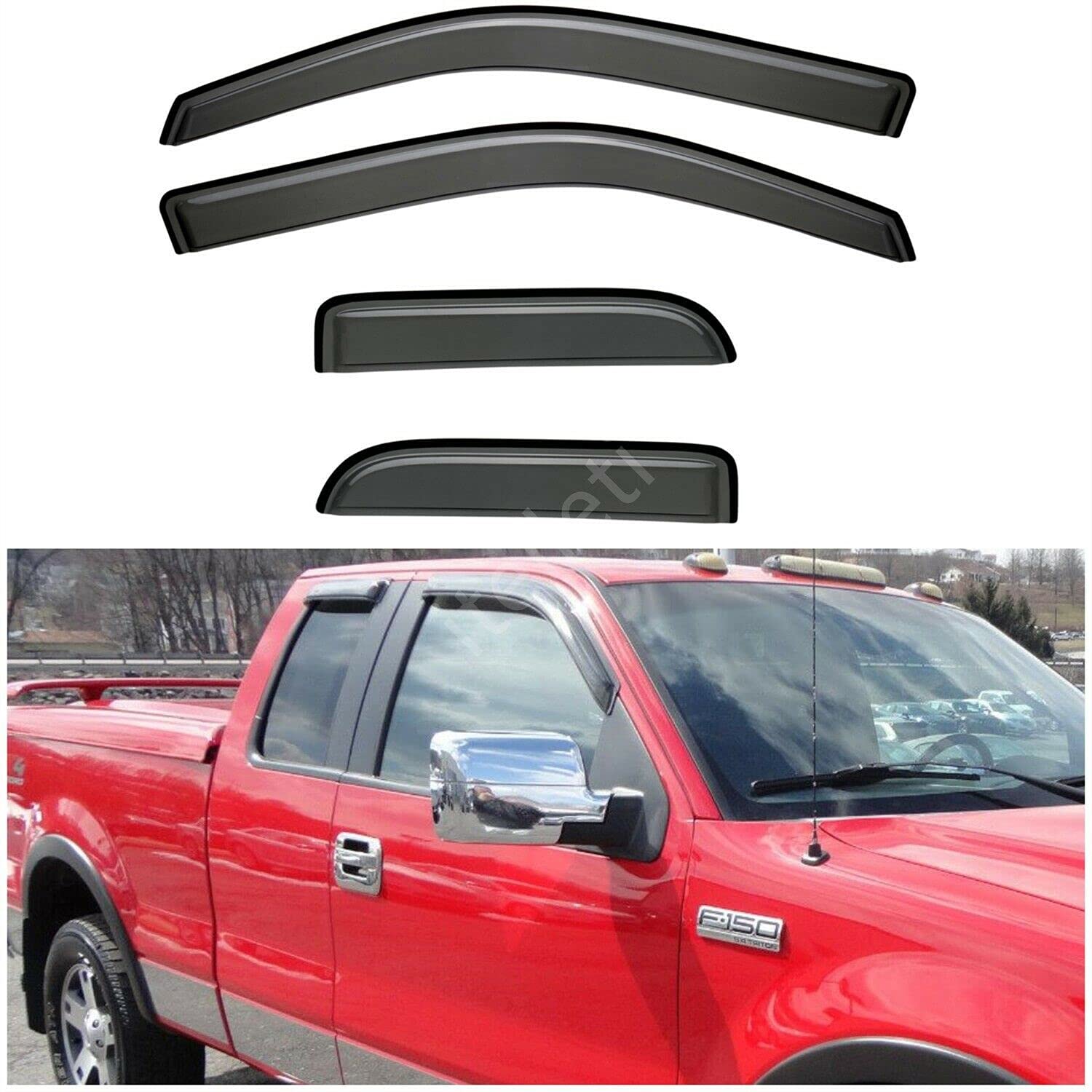 4pcs Outside Mount Dark Smoke Sun/Rain Guard Front+Rear Tape-On Auto Window Visors Compatible With 04-14 F150 F-150 Super Cab (AKA Extended Cab) With Half Size Rear Doors & 2 Rows of Seatings