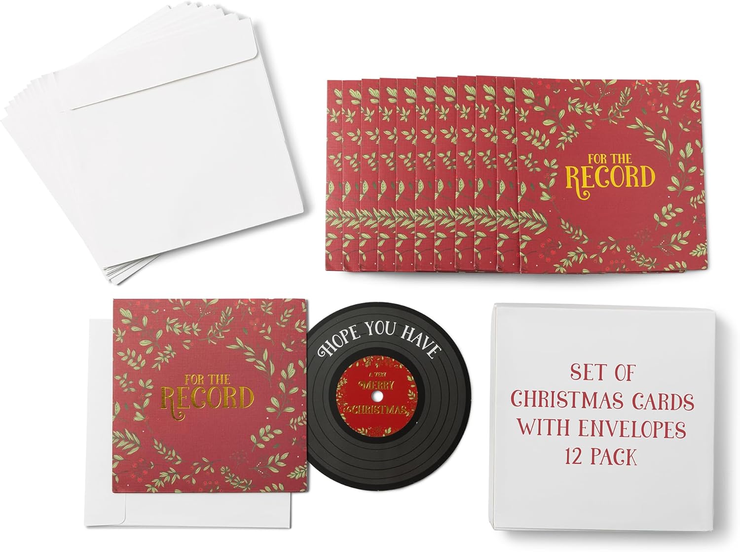 Vinyl Record Luxury Vintage Christmas cards Boxed with envelopes | Bulk Holiday Cards for a Merry Xmas | Pairs perfectly with Christmas gifts and stocking stuffers for music lovers (12 pack)