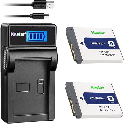 Kastar Batería (X2) y cargador LCD de repuesto para Sony NP-BD1 NP-FD1 BC-CSD y Cyber-Shot DSC-G3 DSC-T2 DSC-T70 DSC-T75 DSC-T77 DSC-T90 DSC-T200