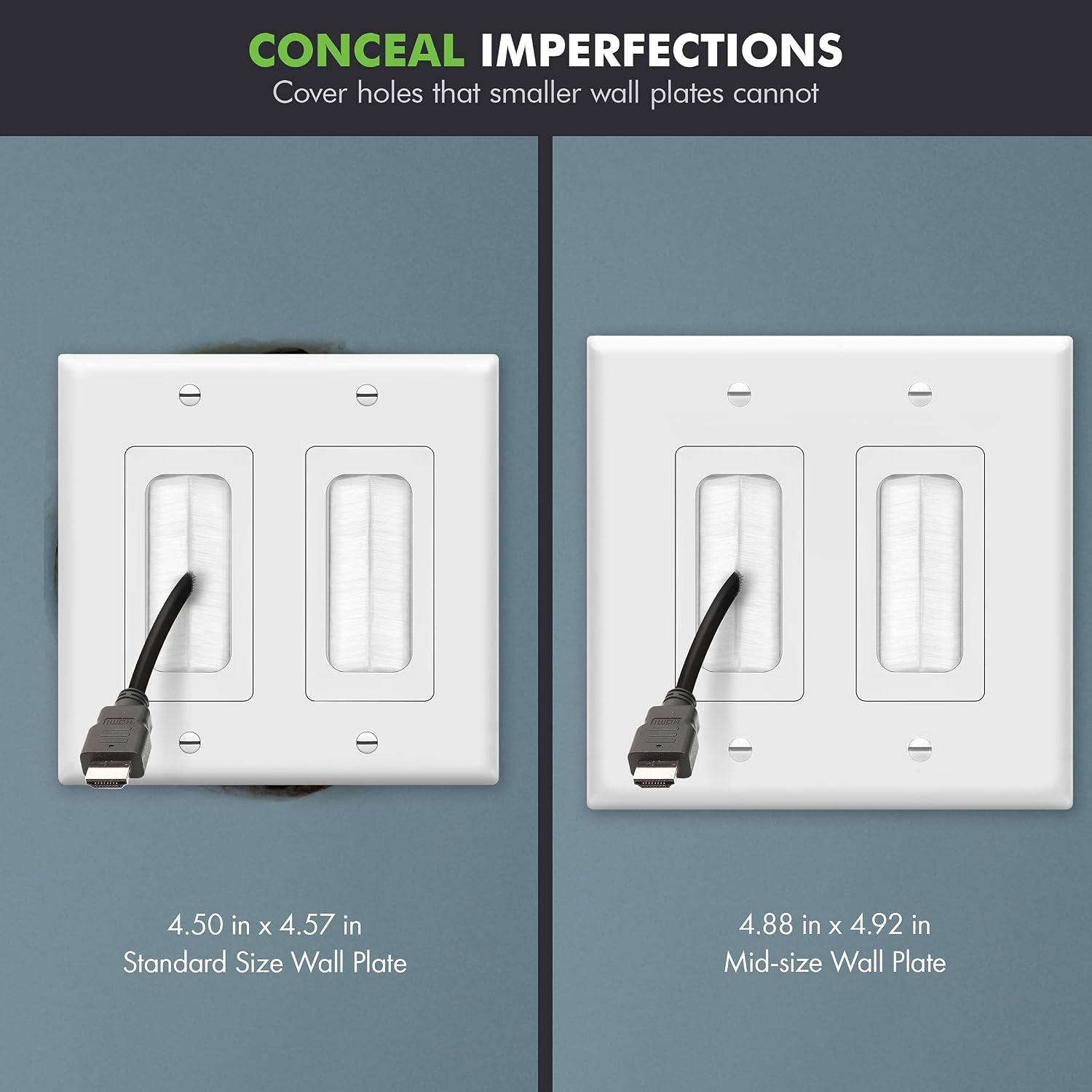 TOPGREENER Bristled Brush Wall Plate with Mounting Brackets, Pass-Through Wall Plate for Low Voltage Cables, Mid-Size 2-Gang 4.88" x 4.92", Polycarbonate Thermoplastic, TG8892MB-2PCS, White, 2 pack