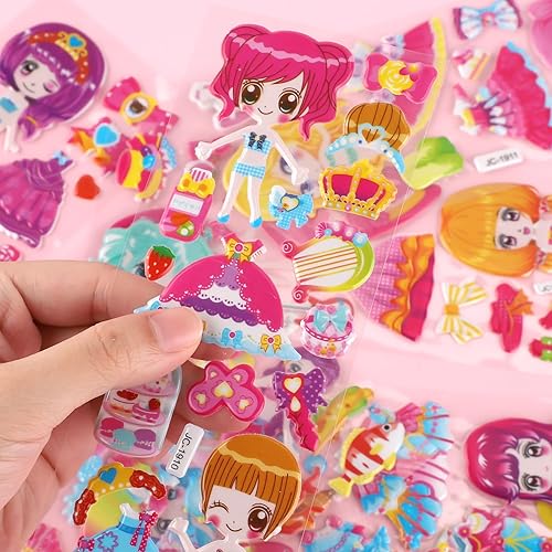 Miniatura 4 de BOXOB Calcomanías hinchadas para niños, más de 130 calcomanías 3D, sirena, vestido, concha, rosa, azul, dibujos animados, uso en interiores