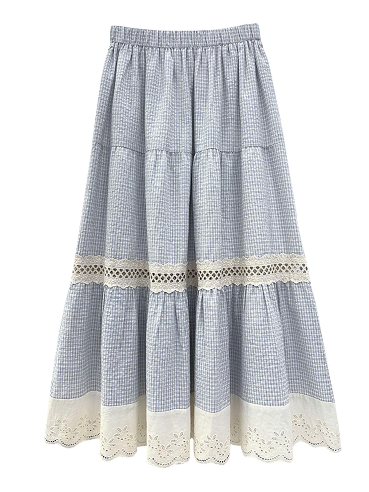 ebossy Womens Embroidered Eyelet Plaid Skirt Elastic Waist Ruffled Flowy Tiered Midi Long Gingham Skirt