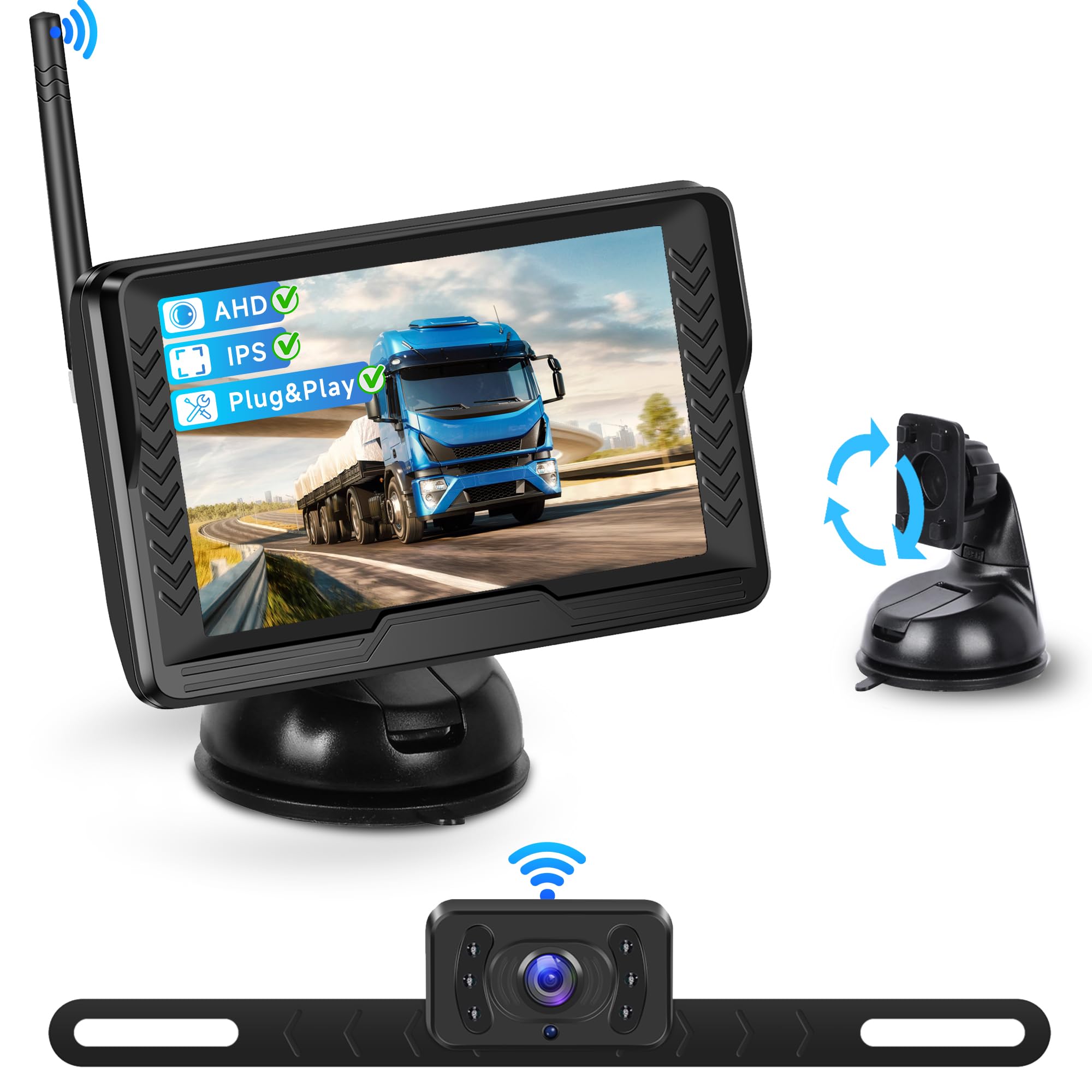 Rimoody Cámara de Visión Trasera Kit Digital Inalámbrica con 5 Pulgadas Monitor IPS, Resistente al Agua IP69, Visión Nocturna, Gran Angular para Coche Pequeño Camión Pequeño Camión Grande