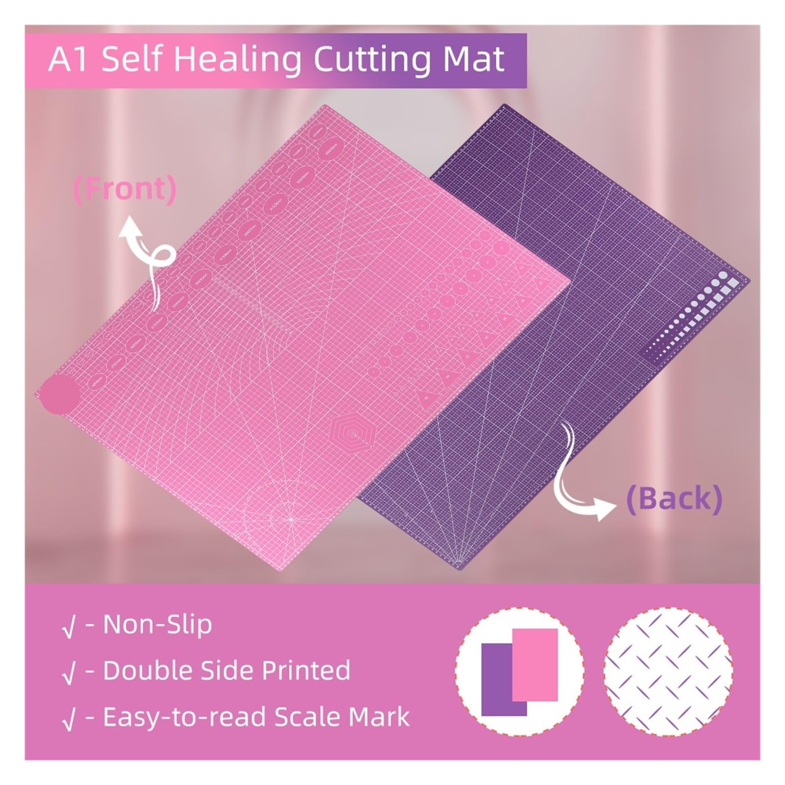 Costura Autoregenerativa Tapete de corte de PVC autocurativo de doble cara, A1 (púrpura + rosa), Ideal for corte de cuero, tallado, manualidades de papel y arcilla, 1 ud.