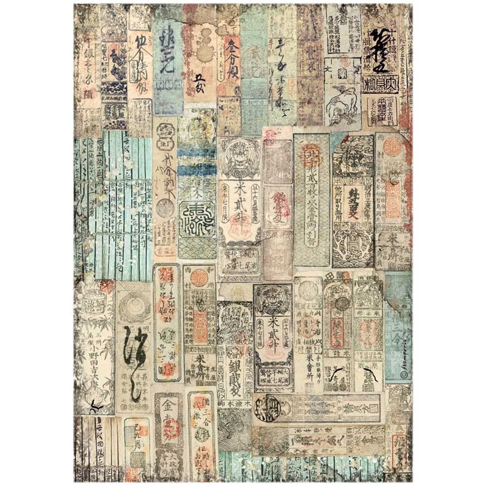 Stamperia Red, Teal, Brown International -Rice Paper-Sir Vagabond In Japan-Oriental Texture, A4