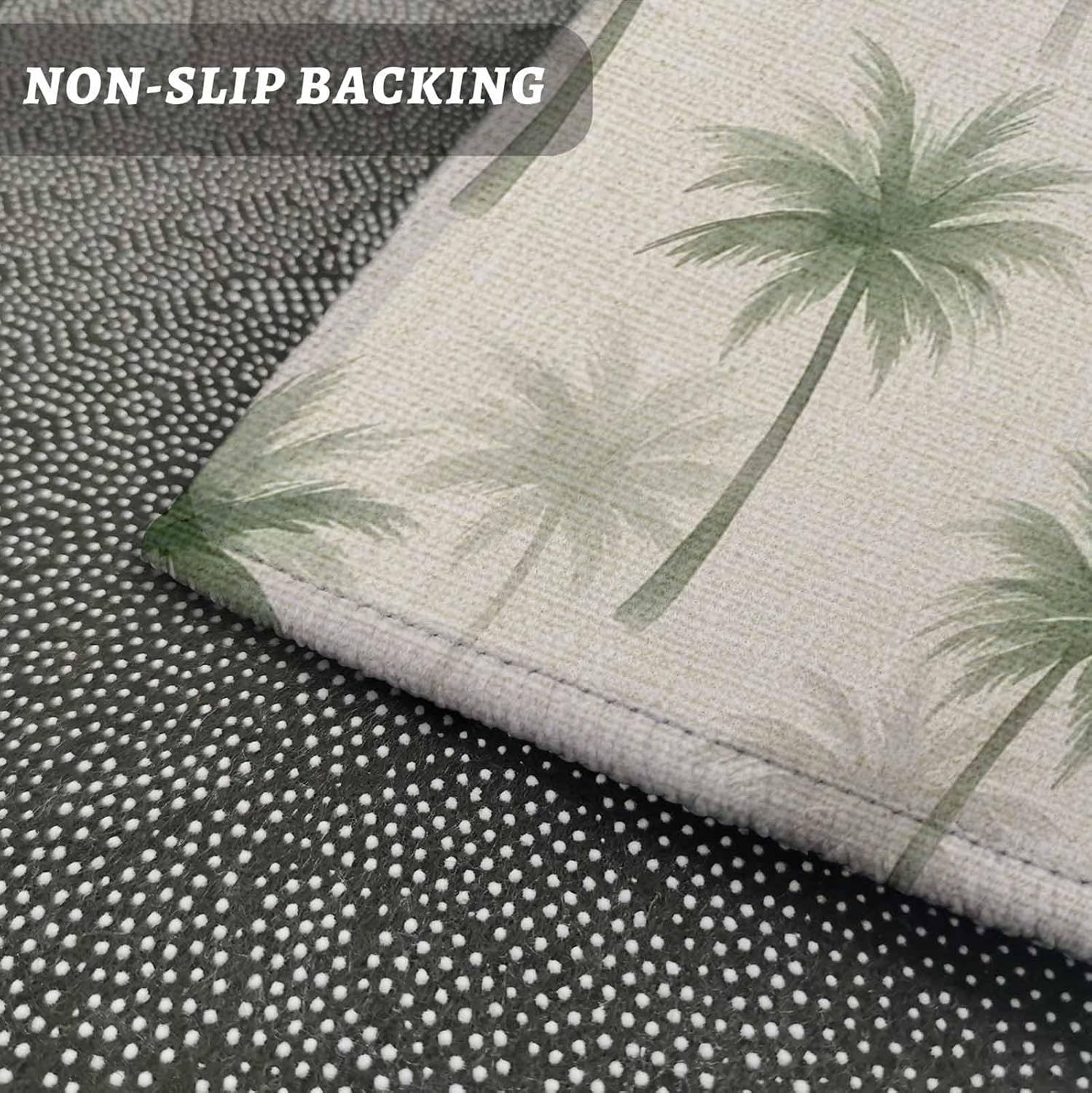 Kitchen Mats for Floor Green Palm Trees Vintage Linen Washable Non Slip Kitchen Rugs 2PCS, Summer Country Tree Plant Absorbent Standing Mats for Sink Office Living Room 15.7x23.6in+15.7x47.2in