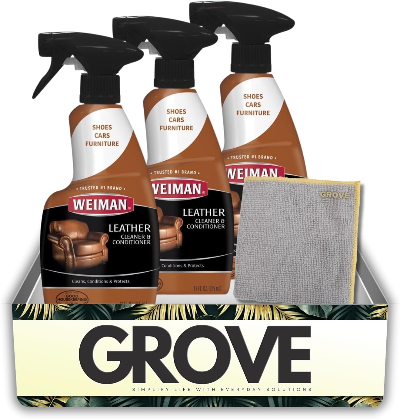 3x Weiman Leather Cleaner and Conditioner 12 oz Bundle with Microfiber Auto Cleaning Cloth – Moisturizes, restores, and protects leather furniture, car interiors, and accessories – Gift Set (4 Items)