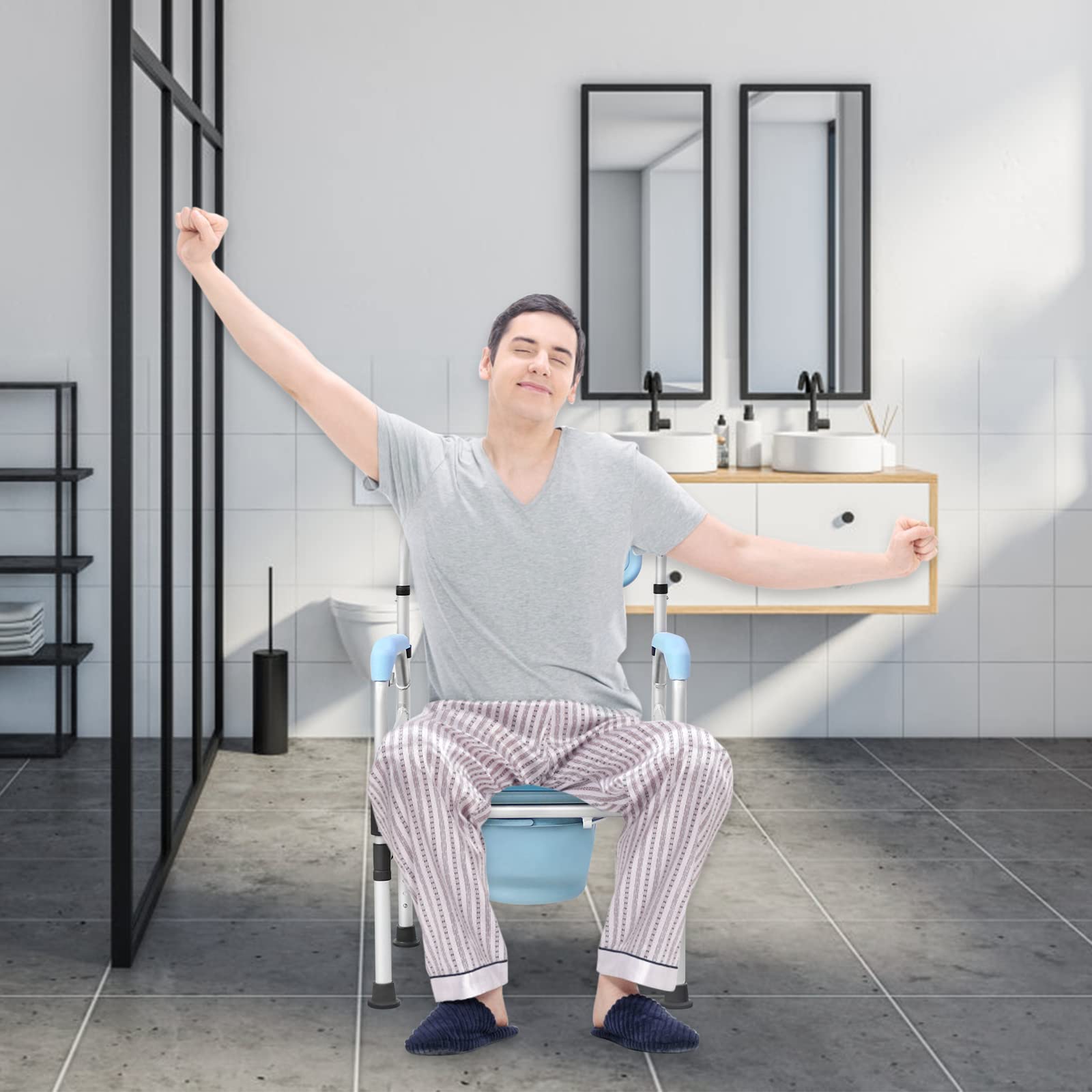NAIZY silla con inodoro silla de inodoro ajustable en altura con cubo de inodoro, silla de cabecera de ducha antideslizante, ayudas para el baño, silla de ducha con reposabrazos