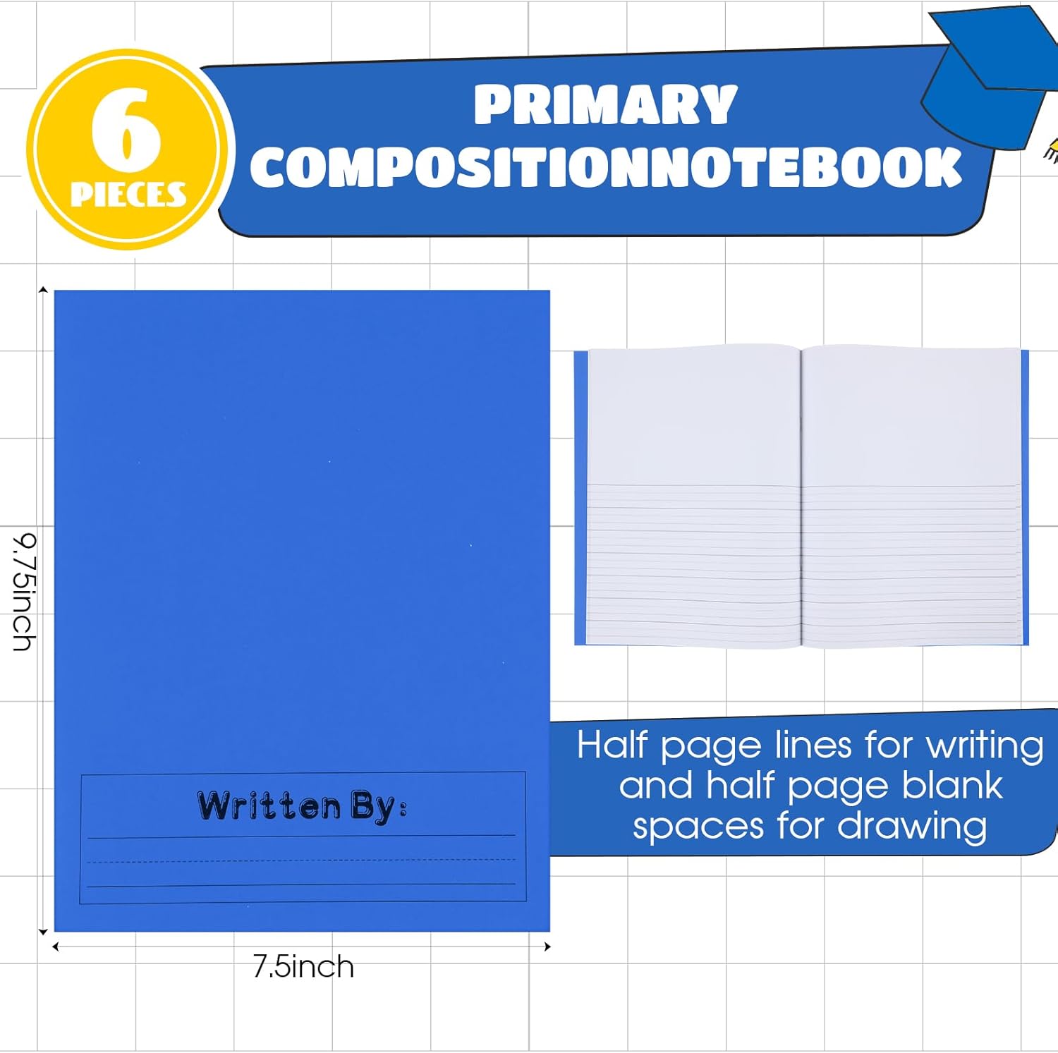 Henoyso 6 Pcs Primary Composition Notebook K-2 Primary Journal, Notebook for Kids Supplies, Bulk Blank Writing Book for Kid to Write Draw Journal 60 Page (9.8″ X 7.5″,Blue)