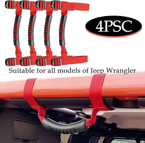 Miniatura 6 de 4 asas de agarre para barra antivuelco, soporte rojo compatible con accesorios Jeep Wrangler 1987-2021 YJ TJ LJ JK JL Sports Sahara Freedom Rubicon
