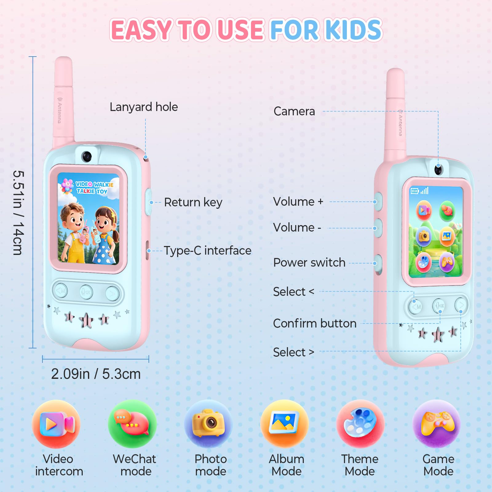 Walkie Talkie, Walkie Talkie Bambini Ricaricabili con Telecamera HD e Cambia Voce, Interazione Video per Giochi in Casa e all'Aperto, Regalo per Ragazzi e Radioline Walkie-Talkie (Rosa + Blu)