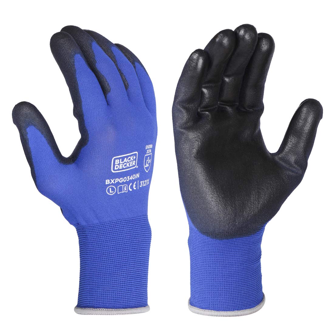BLACK+DECKER Supported Safety Hand Gloves With 18 Gauge Blue Liner Black Pu Coated For Mechanical Risk & Excellent Grip, Comfort & Multipurpose Use | Size-L | Bxpg0340In-L, Nylon, Pack Of 1 (B081D4NPZW) Amazon Price History, Amazon Price Tracker