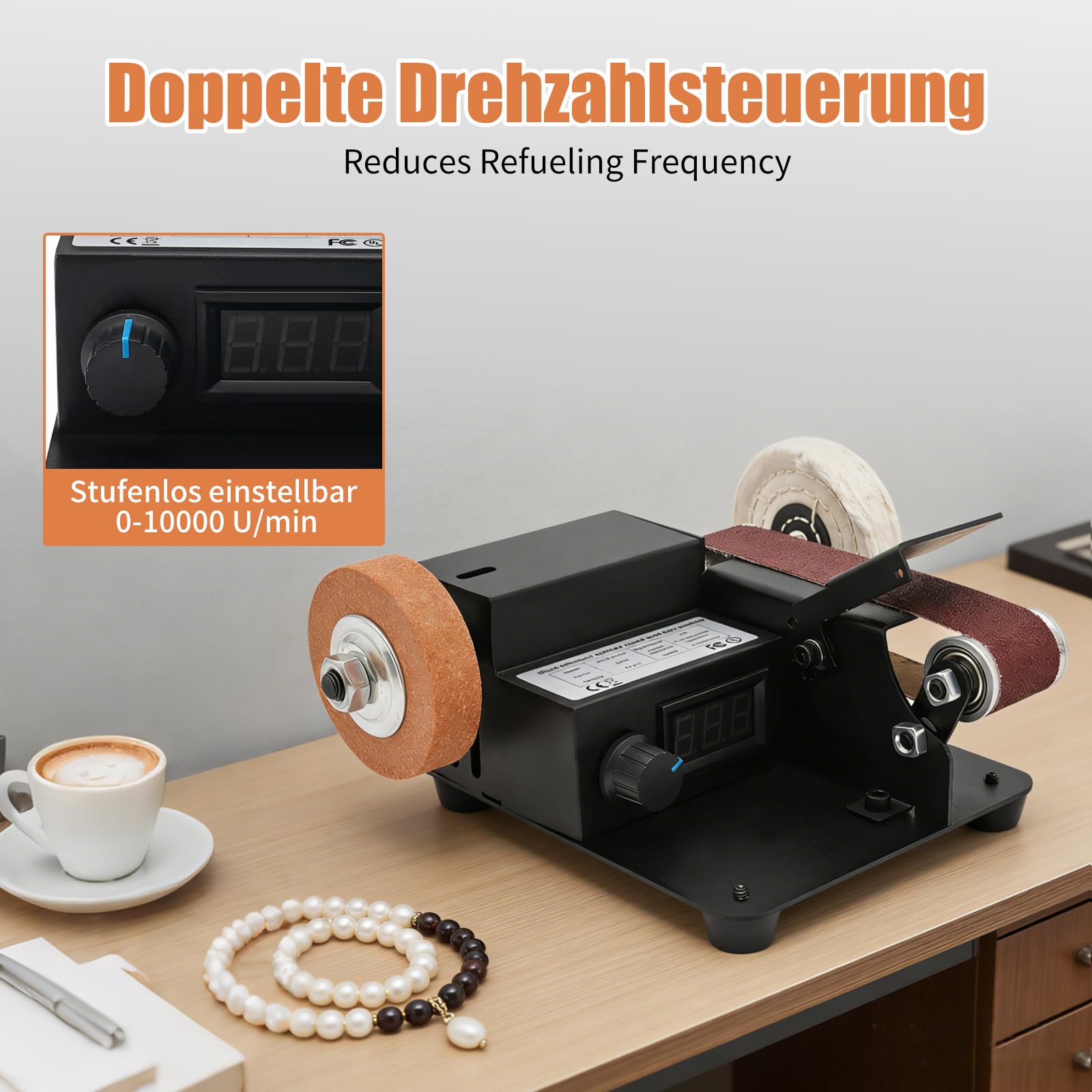 Elektryczna mini szlifierka taśmowa o mocy 350 W i 0-10 000 obr./min – profesjonalna szlifierka stołowa z 7 stopniami, w zestawie 10 taśm szlifierskich, koło polerskie i tarcza szlifierska do