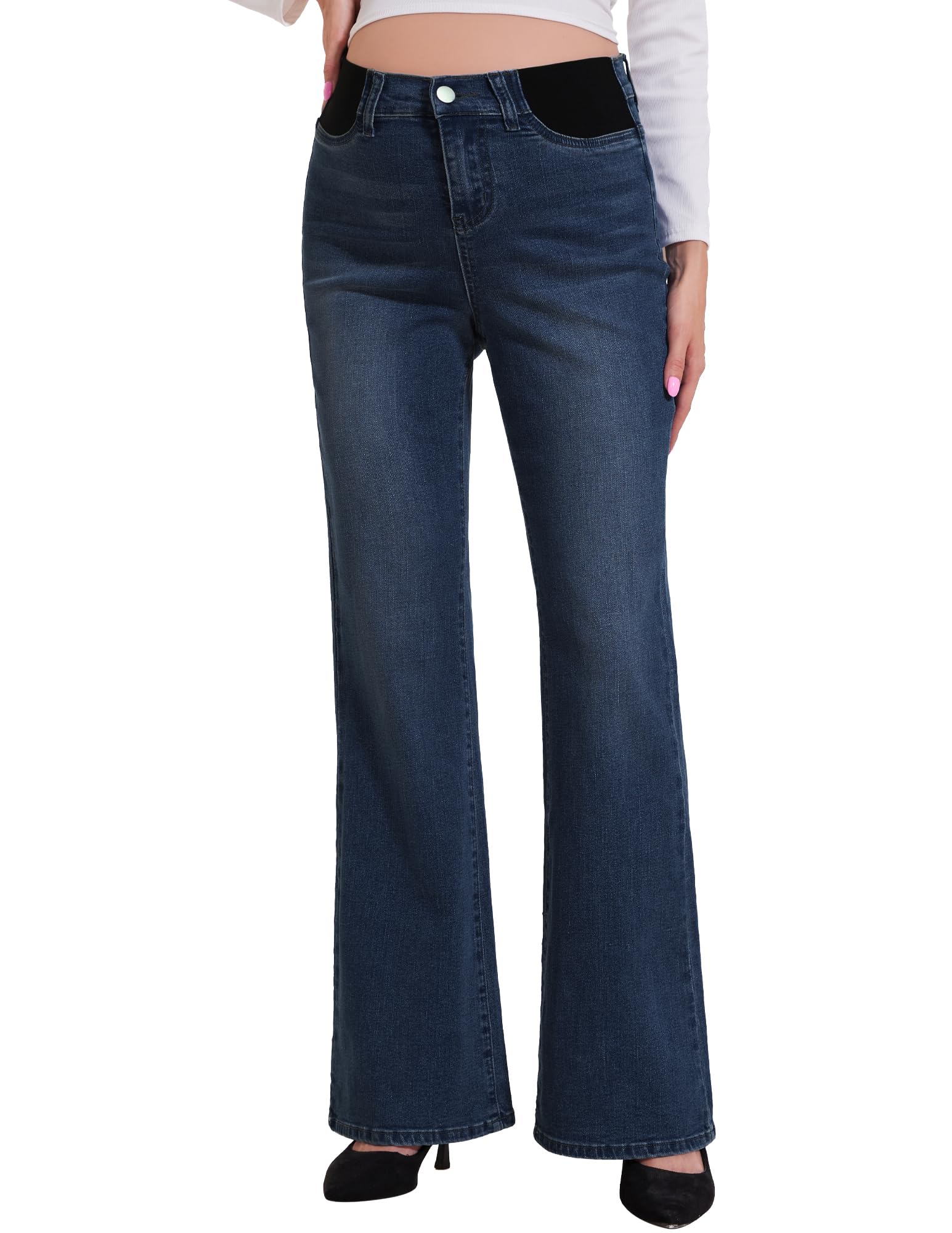 PACBREEZE Jeans acampanados de maternidad para mujer, tiro medio, elásticos, acampanados, corte de bota, pantalones de mezclilla para embarazo, S-XXL