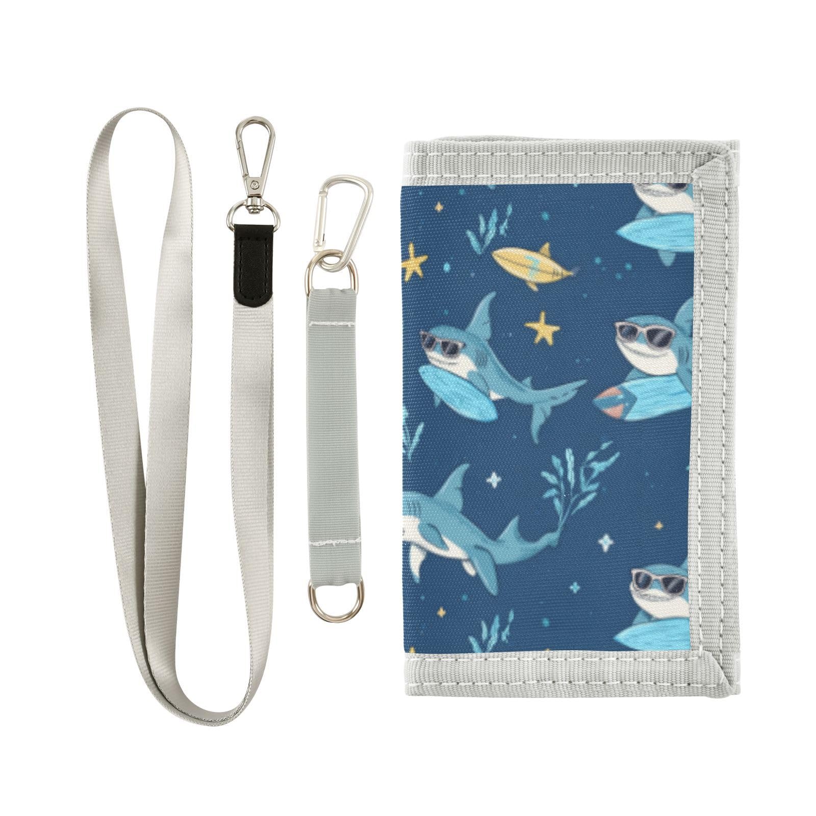 Wusikd Sharks Wearing Sunglasses Kids Wallet for Boys Girls Surfing Surfboards Toddler Trifold Wallet Novelty Wallet for Teens Women Men