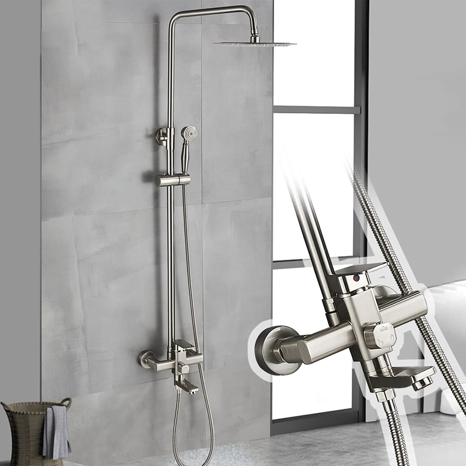 Système de douche nickel brossé avec mitigeur de bain-douche mural et douchette à main