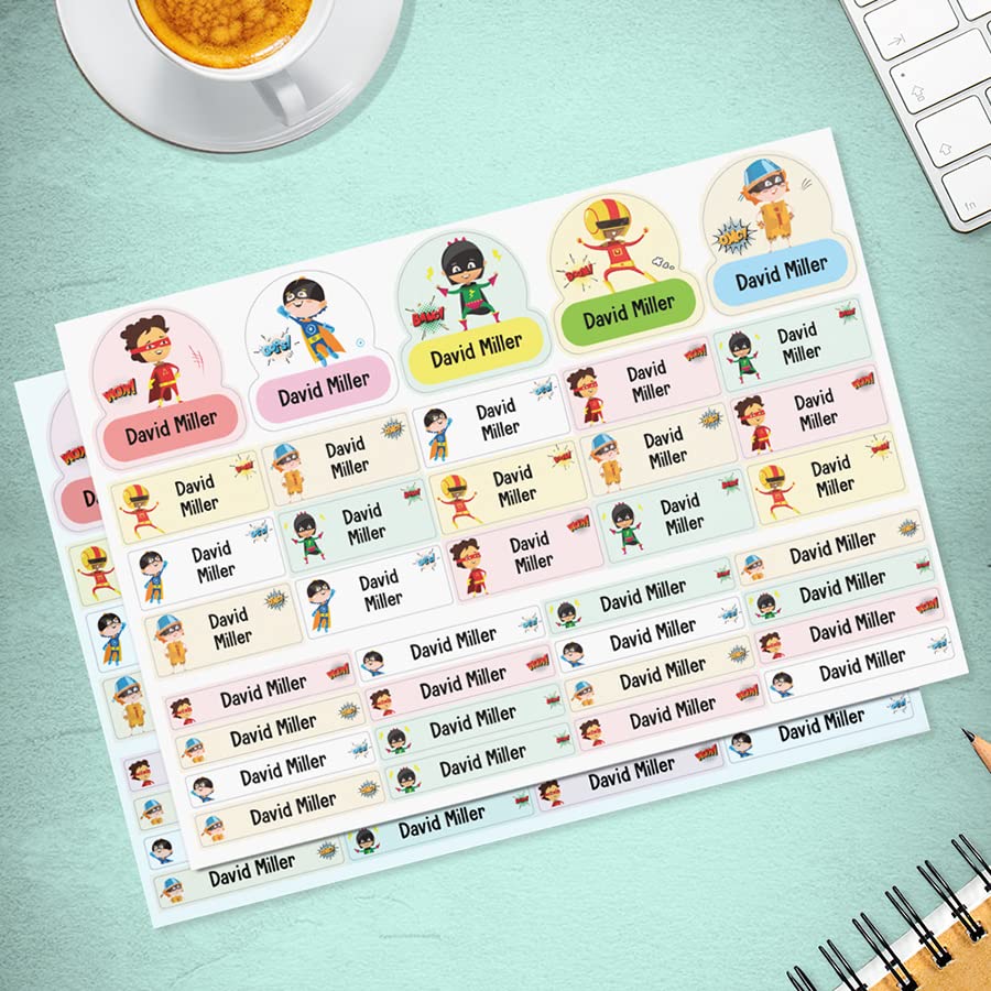 Pack of 36/72 Super Heros Name Stickers for Kids Self Adhesive Waterproof Personalised Name Stickers for Water Bottles Stationeries Papa Prints®