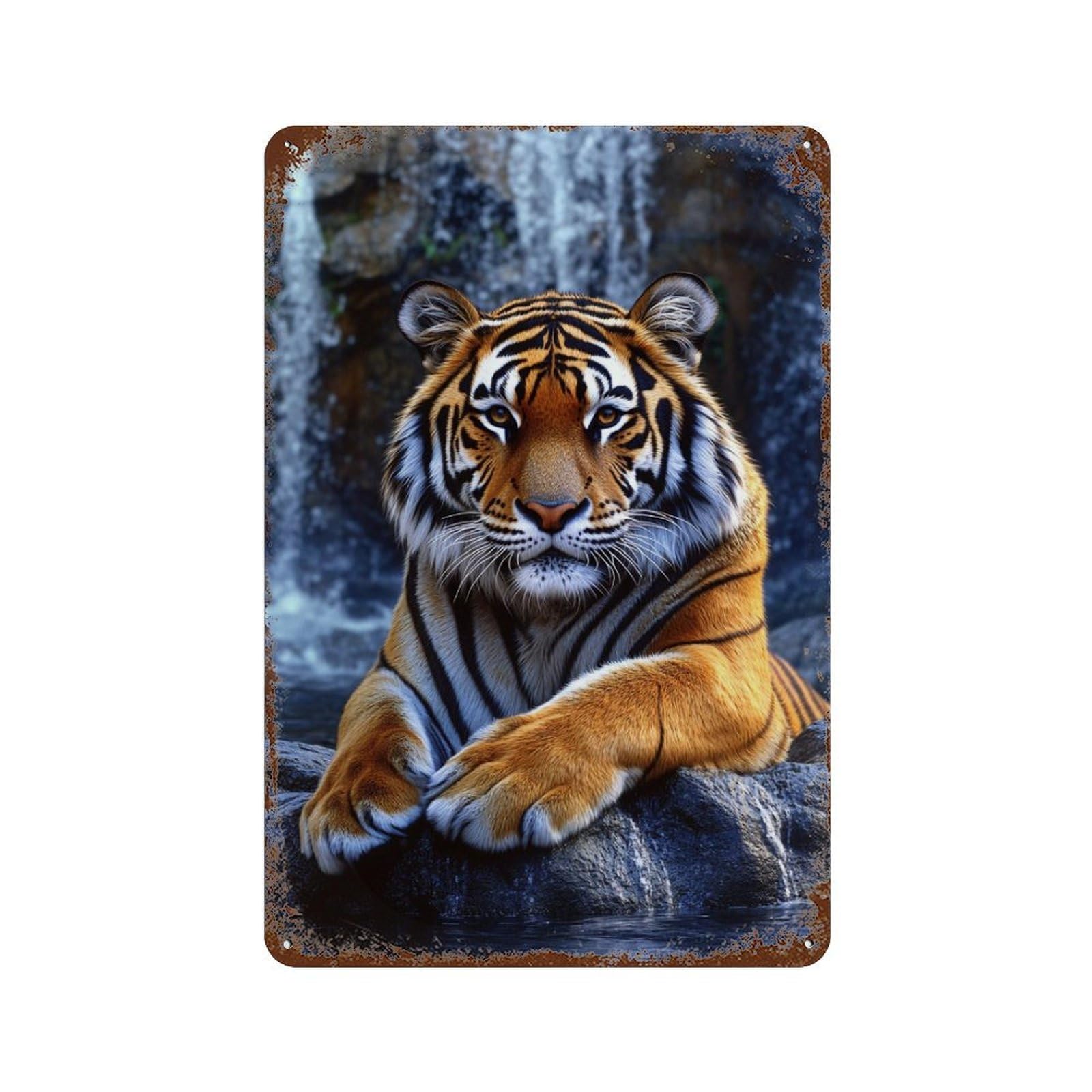 Tiger Waterfall Habitat Vintage Wall Sign 11.8"x7.9", Rust Effect Metal Decor for Shed, Workshop And Garage Wall Decor