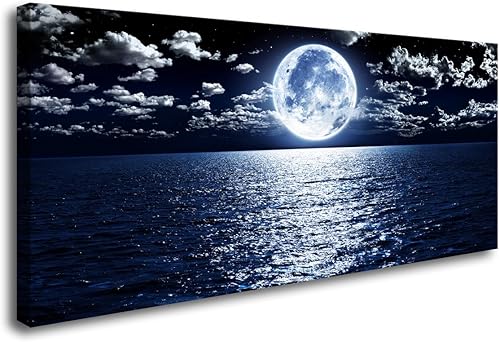 Cao Gen Decor Art S06950 - Lienzo decorativo para pared, diseño de luna, mar, océano, paisaje, 1 panel, luna llena en nube, cuadros estirados y