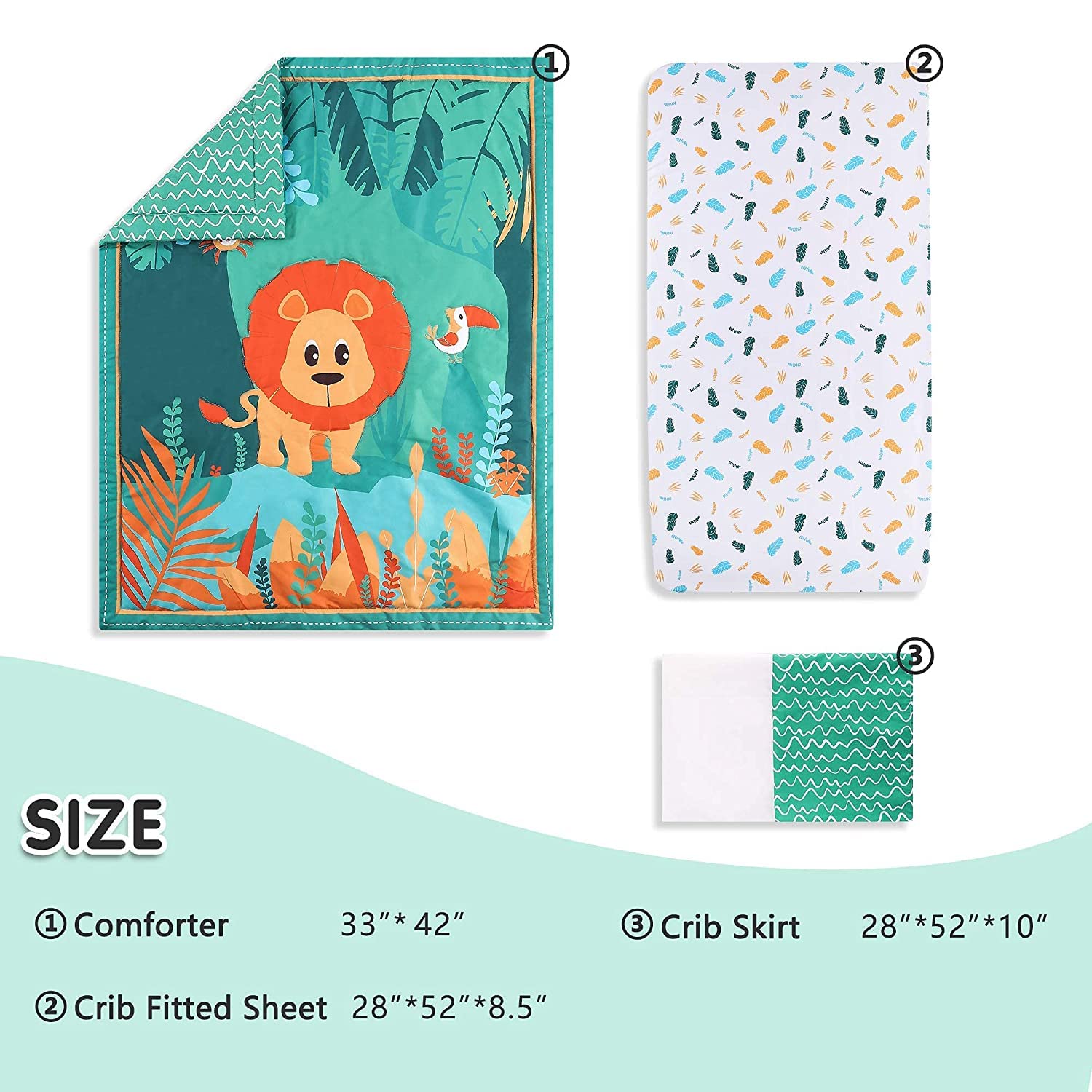 YJM Juego de ropa de cama para niños de 3 piezas, sábana de cuna, falda/cuna incluida, juego de cuna para bebé, lavable a máquina, león verde