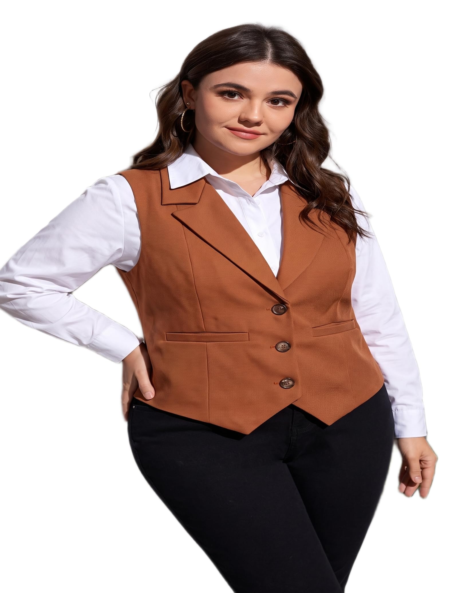 Women's Camel Brown Tailored Waistcoat | Smart Casual Sleeveless Blazer Jacket | Regular Fit-image-46