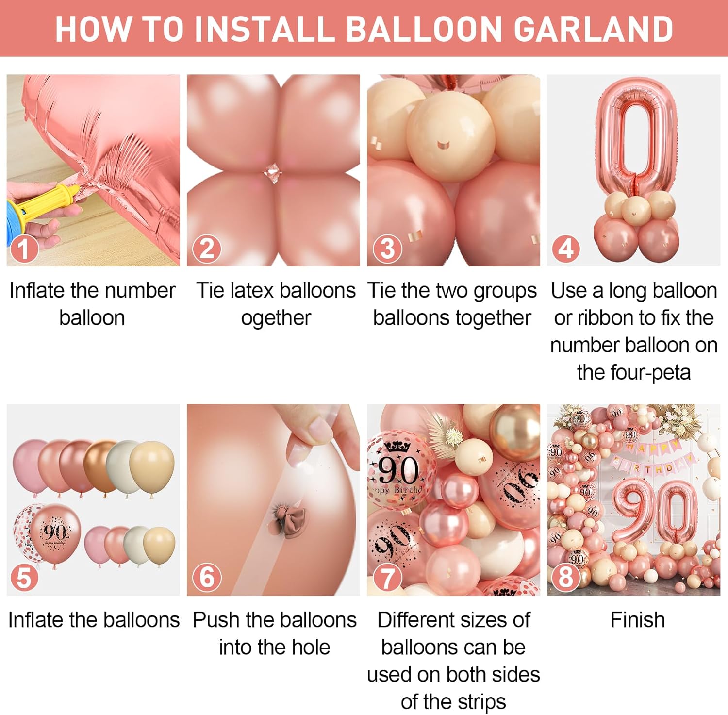 90th Birthday Decorations for Women,Rose Gold 90th Balloon Arch Garland Kit With Number 90 Balloons Happy Birthday Banner for 90 Party Decoration - Image 6