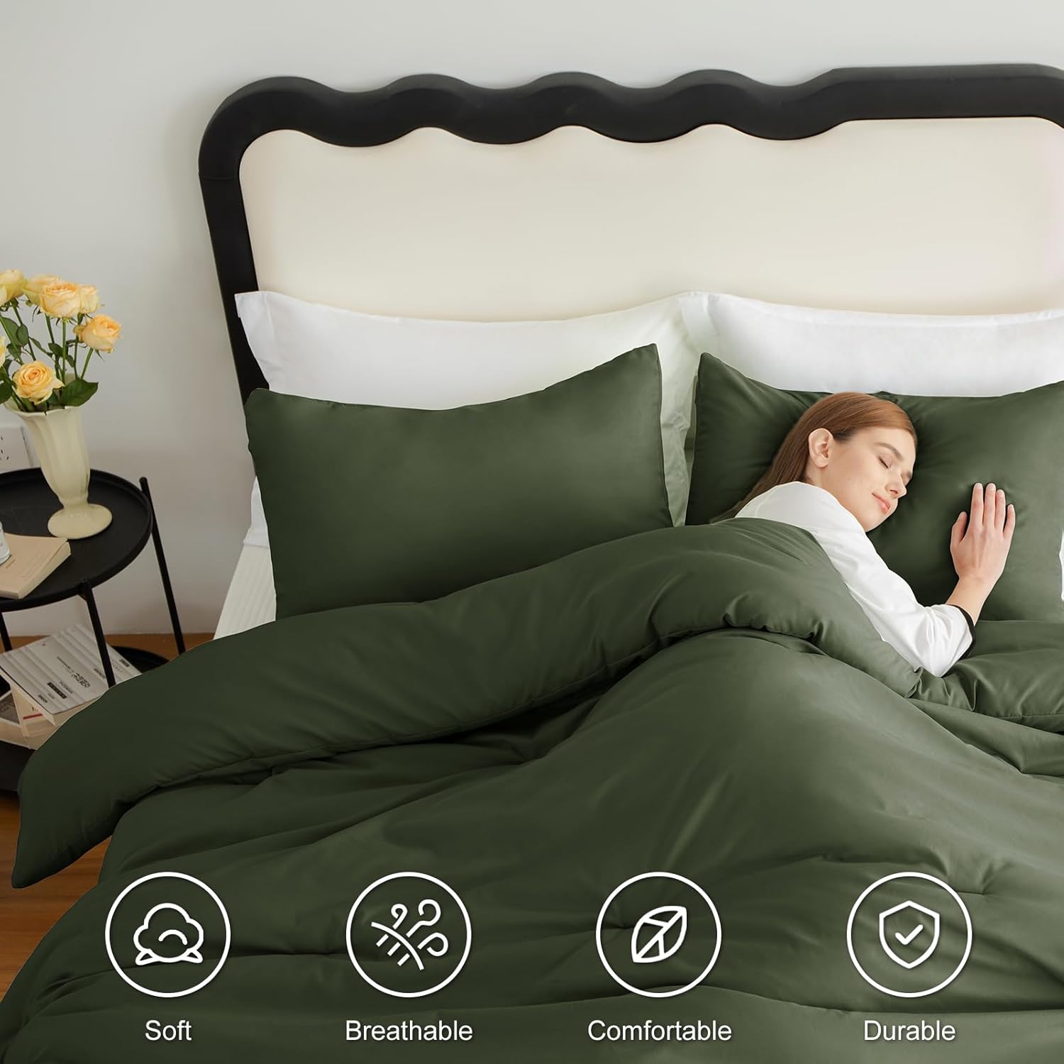 CozyLux Dark Olive Green Queen Comforter Set, 3 Pieces Solid Breathable Quilted Style Bedding Set, Luxury Fluffy Soft Bed Set with Down Alternative Comforter All Season (1 Comforter & 2 Pillowcases) - Image 5